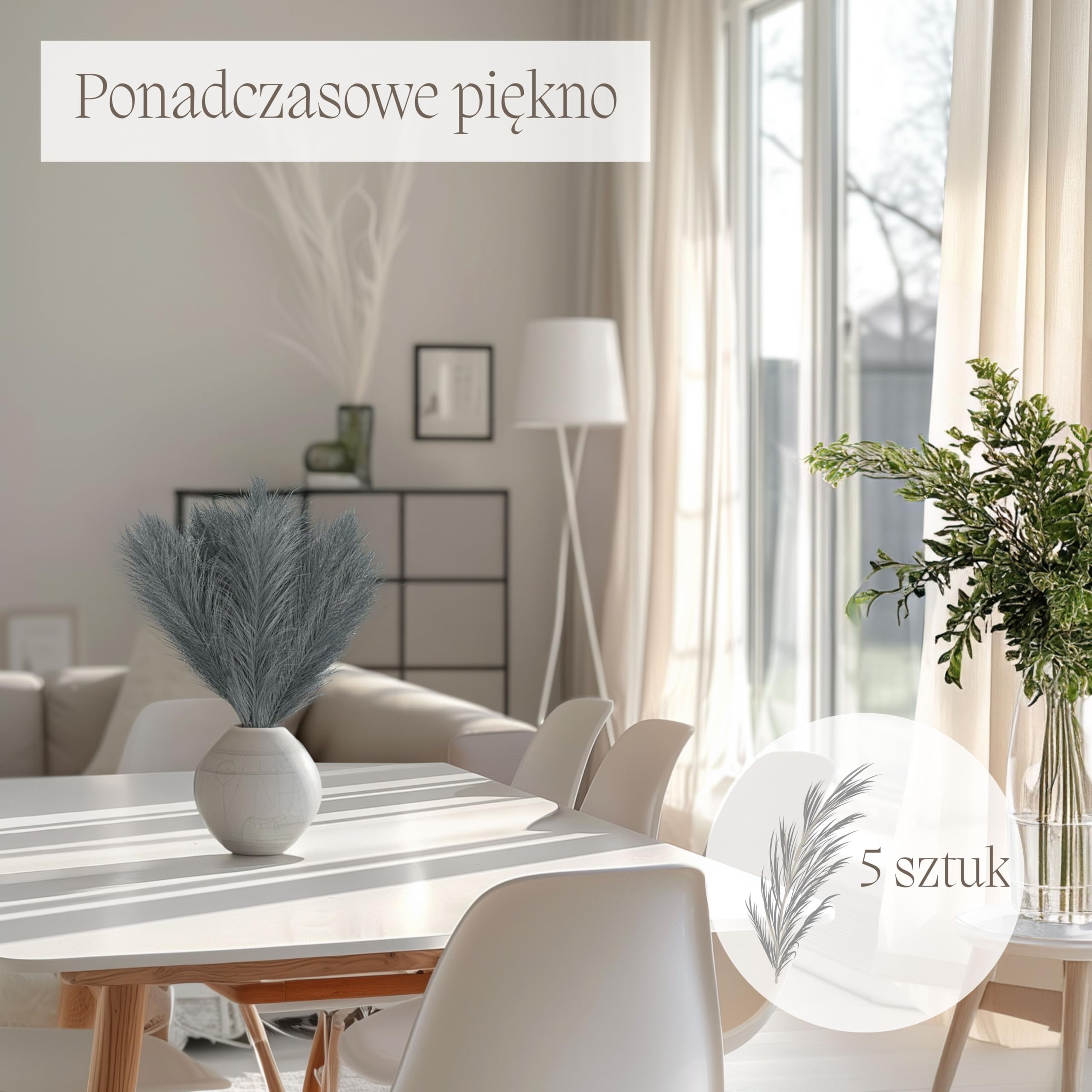 Nina-Maria's Deko Gold Sztuczna trawa pampasowa, mała, kolor szary, 5 łodyg, dlugość 55 cm, do salonu, sztuczne kwiaty do sypialni, na wesele, dekoracja boho