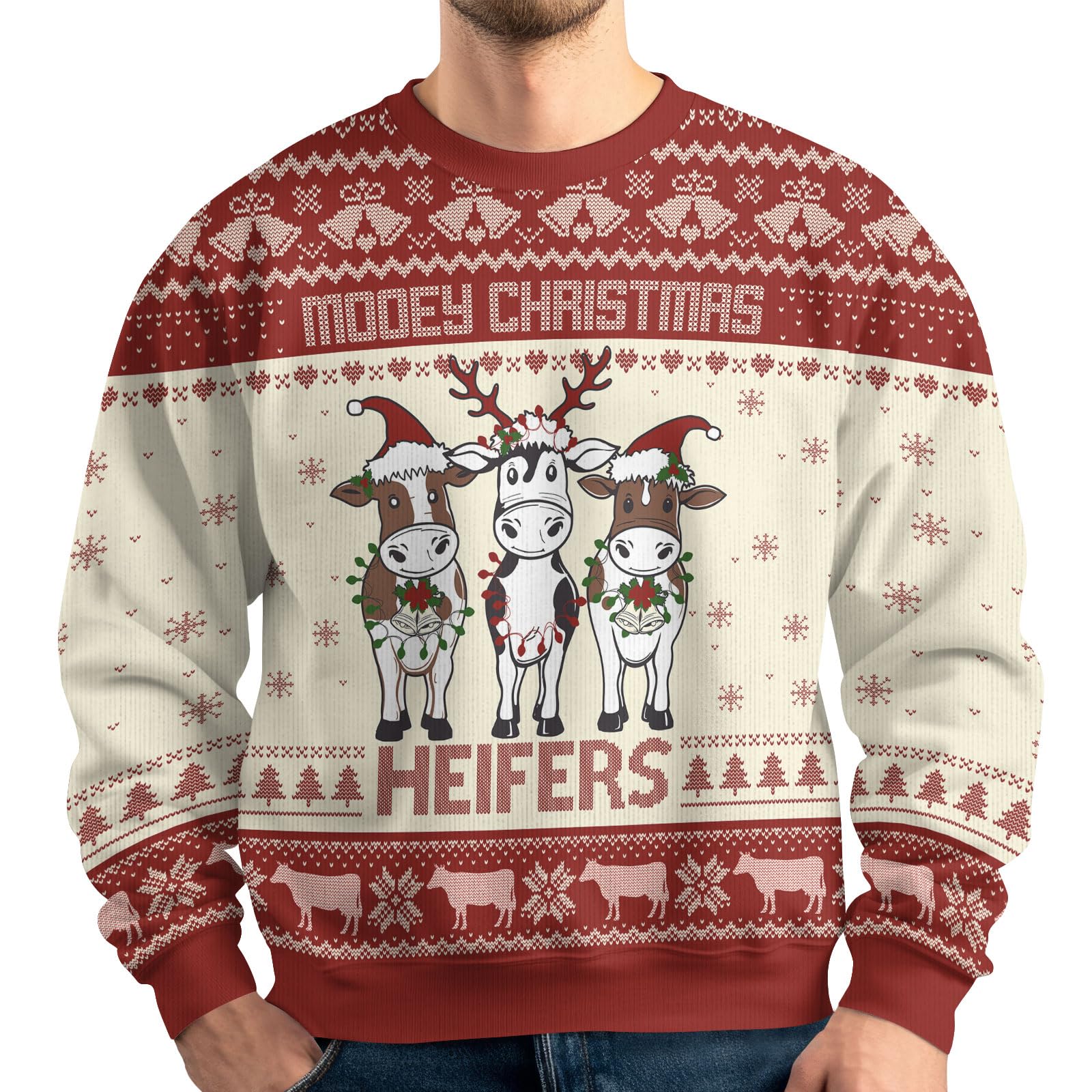 34HDCow Christmas Sweater for Women, Heifer Ugly Sweater, Funny Crewneck Xmas Sweater, Cow Lover Gifts for Christmas