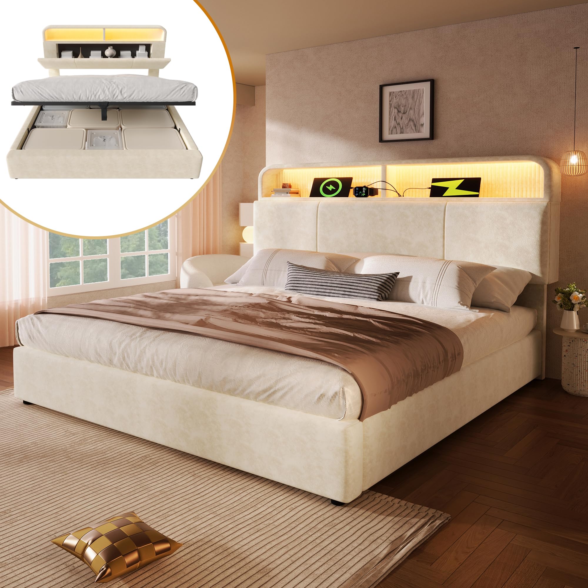 Polsterbett Doppelbett 180x200 cm mit höhenverstellbarem Stauraum-Kopfteil, Hydraulisches Bett mit LED-& USB/Type-C Ladestation, Samt, inkl. Lattenrost, Beige, Ohne Matratze