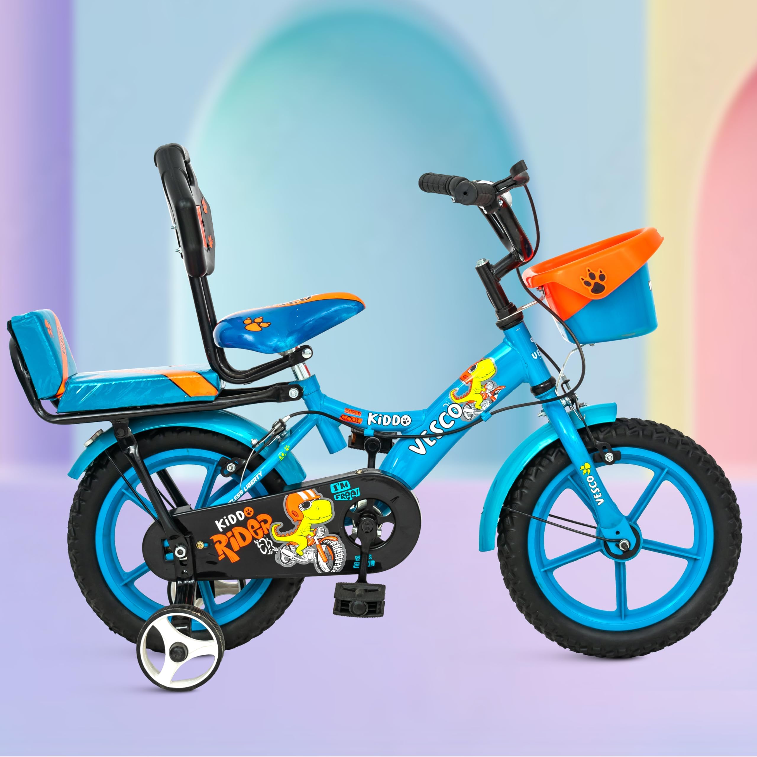 vesco kiddo 14t bicycle for kids | rigid suspension | frame size: 9 inch | backrest seat & side training wheel kid cycle | ideal for 3 to 5 years (blue)