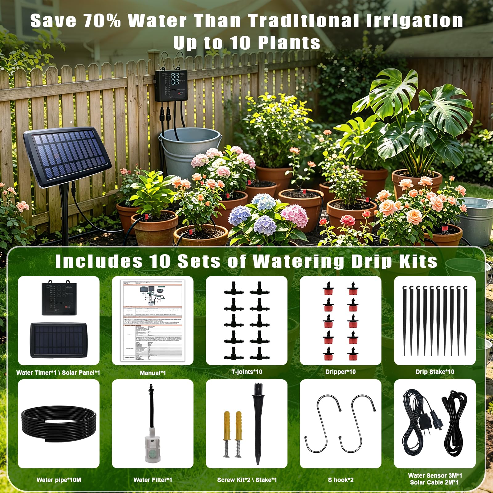 Sistema solar de riego por goteo para 10 plantas en maceta, kit de riego automático con manguera de 32 pies y 10 goteadores, temporizador inteligente y alarma de agua baja, riego automático