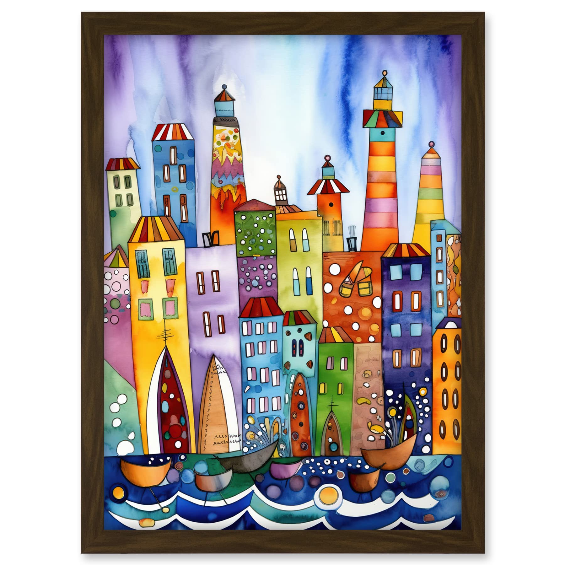 Artery8 Canal Area Folk Art Watercolour Painting Artwork Framed A3 Wall Art Print
