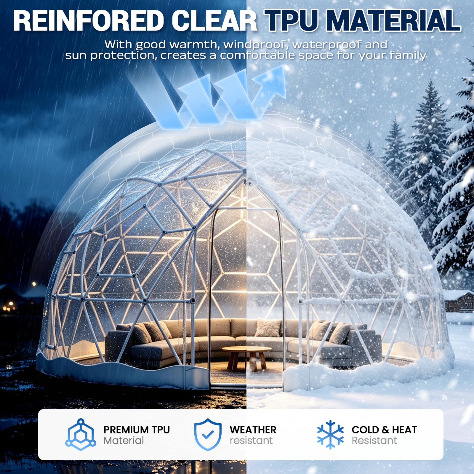 3,6M x 2,2M Gewächshaus Gartenkuppel Igloo, TPU Geodätische Blasenzelt für 8 Personen, Gartenblasenzelt Gartenkuppel Igloo mit 2 Lichterketten, Durchsichtiges Kuppelzelt für Hinterhof, Hochzeit, WEISS