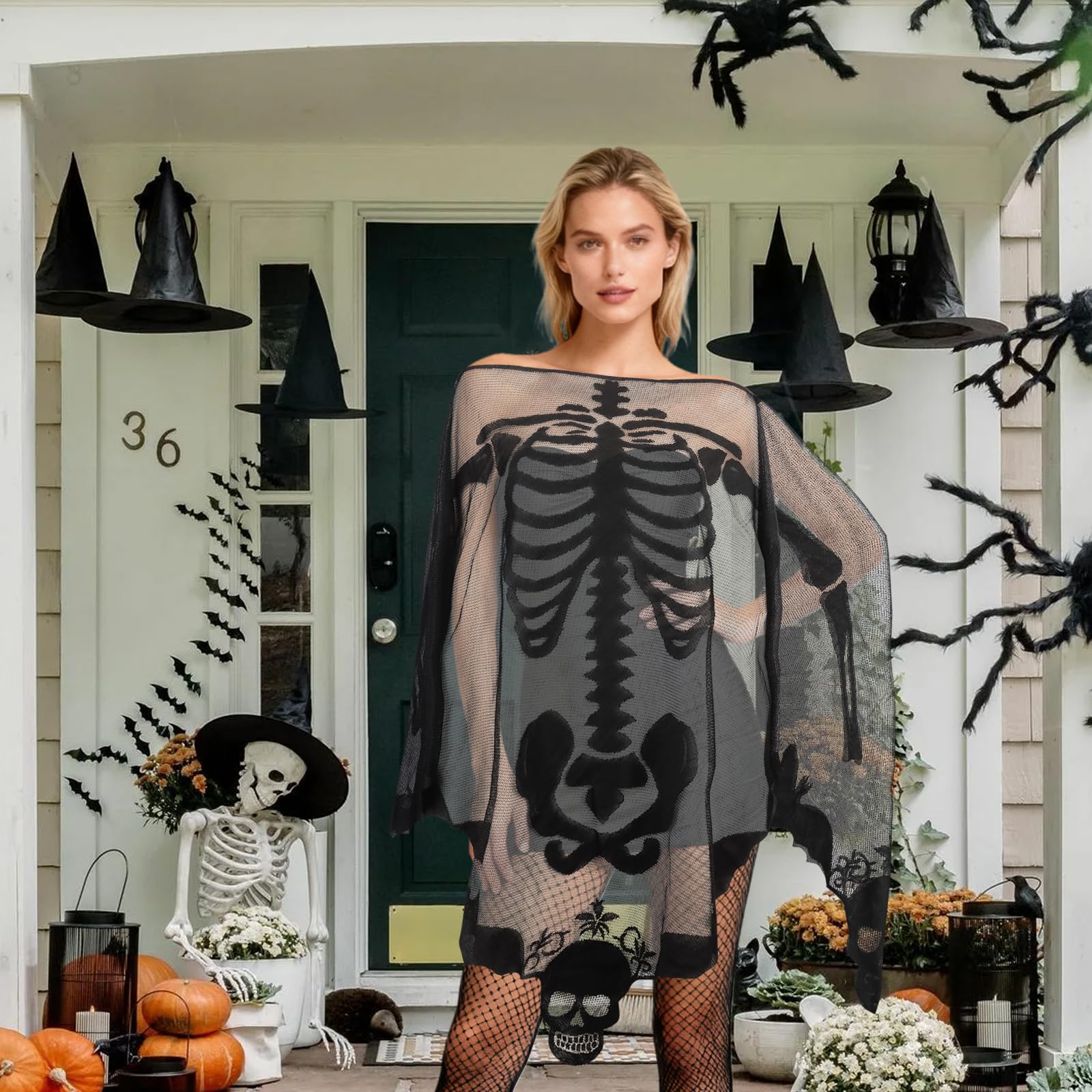 Guittly Halloween Cape Skeleton Poncho, Women Lace Skeleton Shawl Bat Wing, Halloween Skull Cape for Party Day of The Dead (Black) - Image 3
