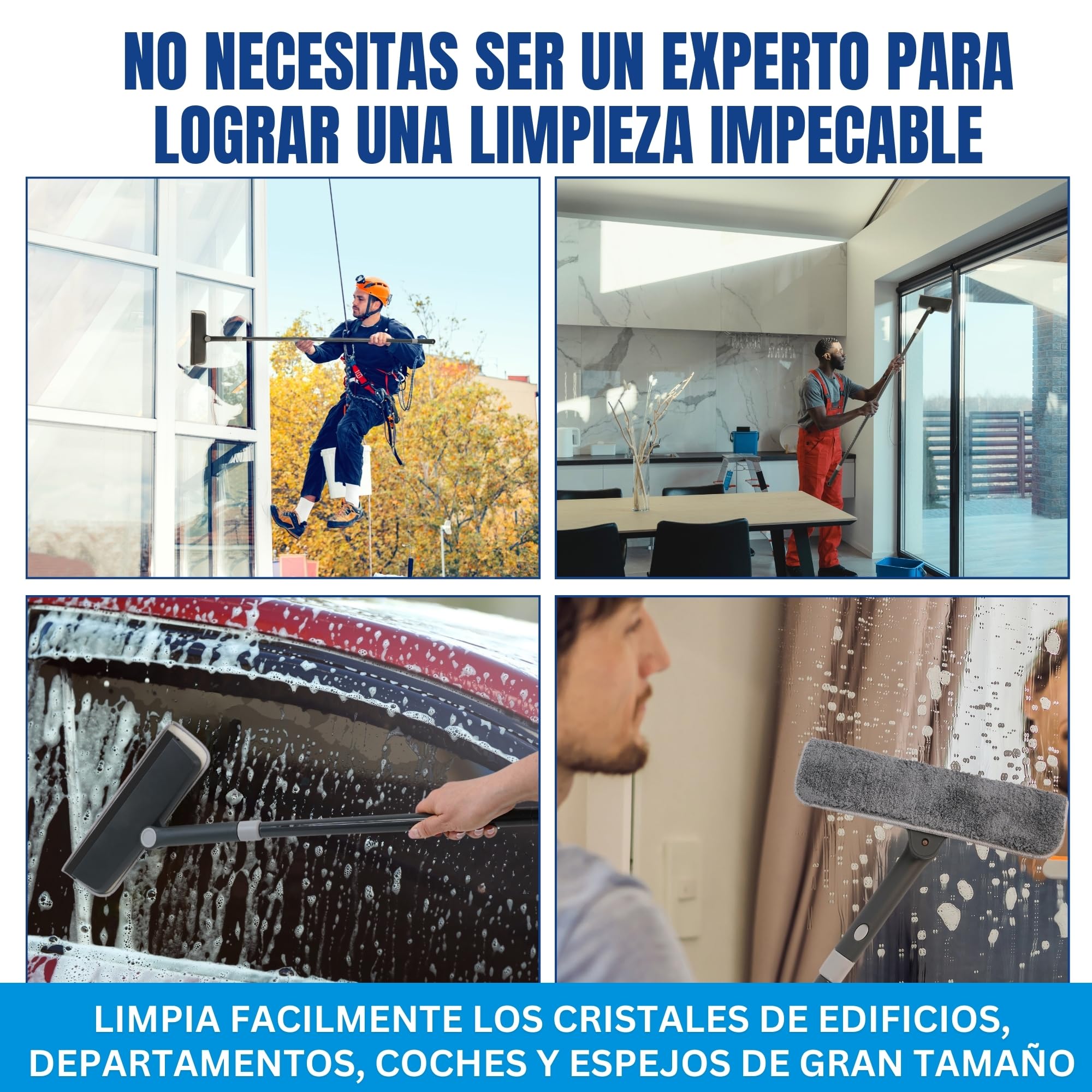DAVAY Limpia Cristales 2 en 1 - Cabezal Giratorio 360º y Mango Desmontable - Ideal para Limpiar Cristales por Dentro y por Fuera -Limpiador Extensible 135cm de Largo - Adecuado para Vidrios y Espejos
