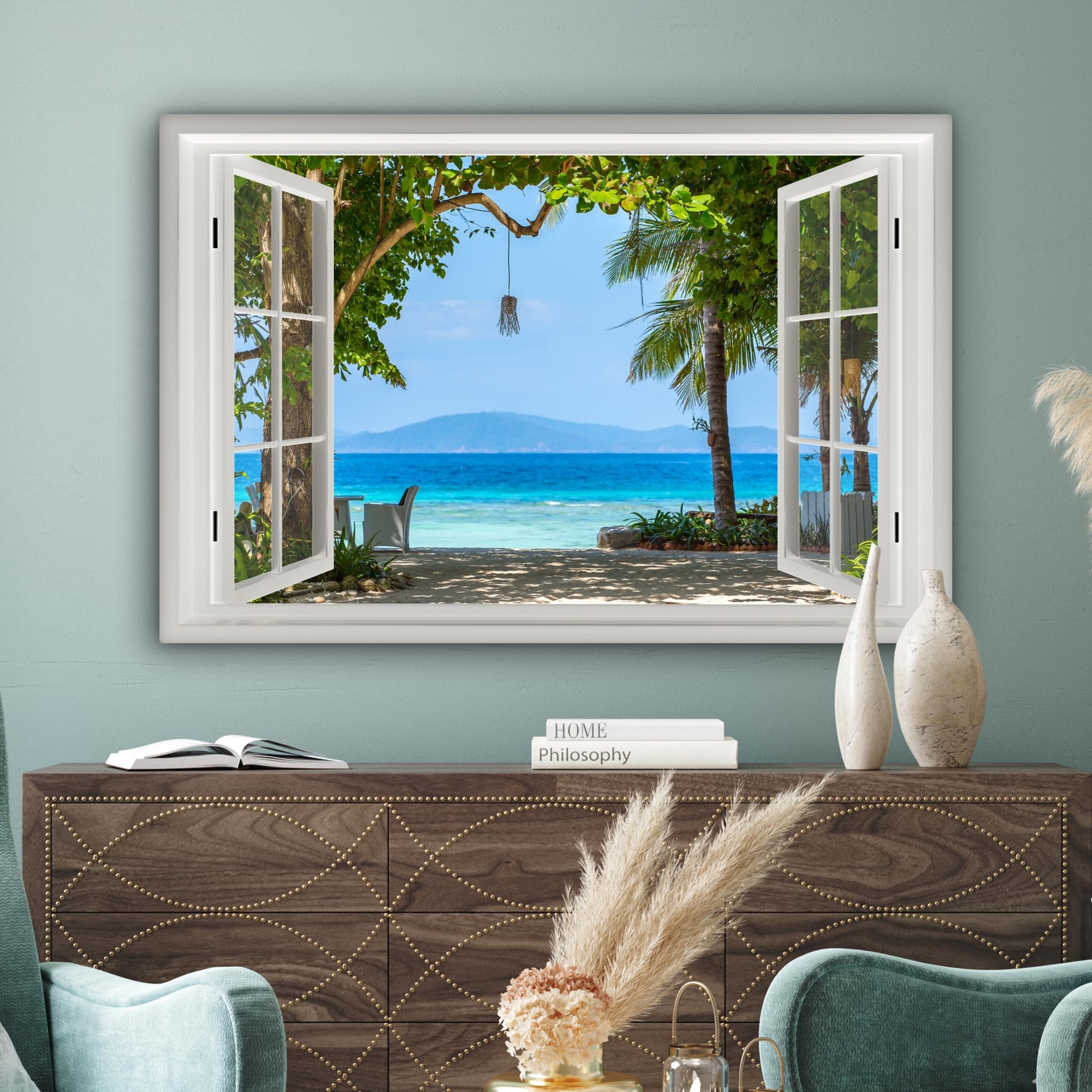 MuchoWow© Quadri su Tela 120x80 cm Foto Quadro Moderno Soggiorno Canvas Decorazioni Camera da Letto Vista dalla finestra - Albero - Mare - Palma - Colline - Spiaggia - Blu