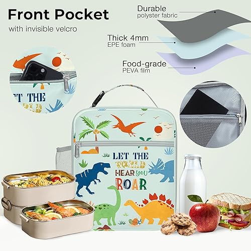 Miniatura 5 de Clastyle Bolsa de almuerzo aislada de dinosaurio verde para niños, bolsa de almuerzo térmica grande portátil para niños y niñas, bolsa de almuerzo