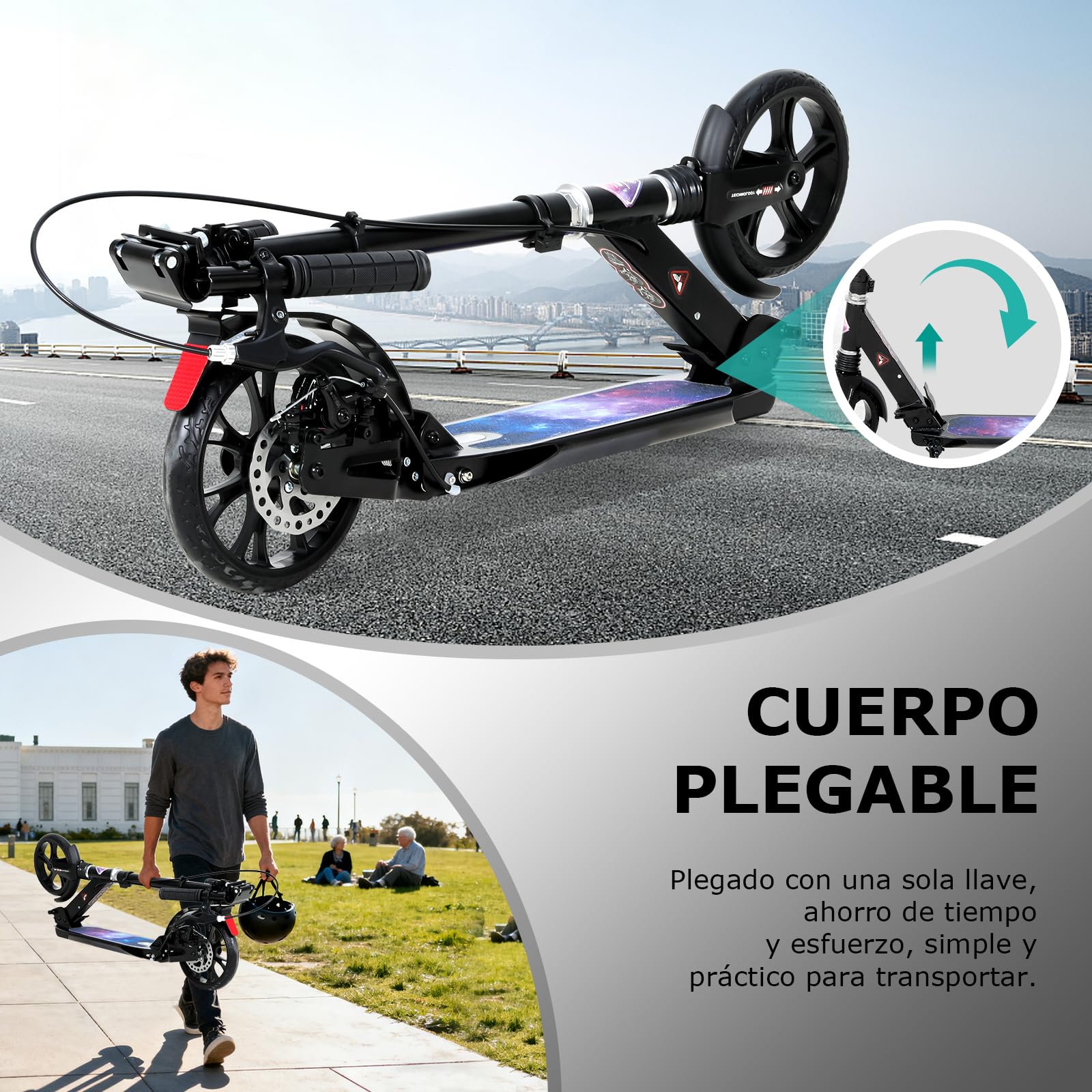 ISE Patinete Scooter Plegable Adulto Niño Manillar Ajustable 93-107cm Ruedas 200mm Freno de Mano Máx 100kg