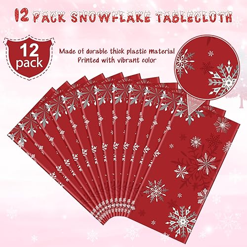 Miniatura 10 de Paquete de 3 manteles de plástico con diseño de copo de nieve rojo y blanco, desechables, para invierno, Navidad, vacaciones, Año Nuevo, suministros