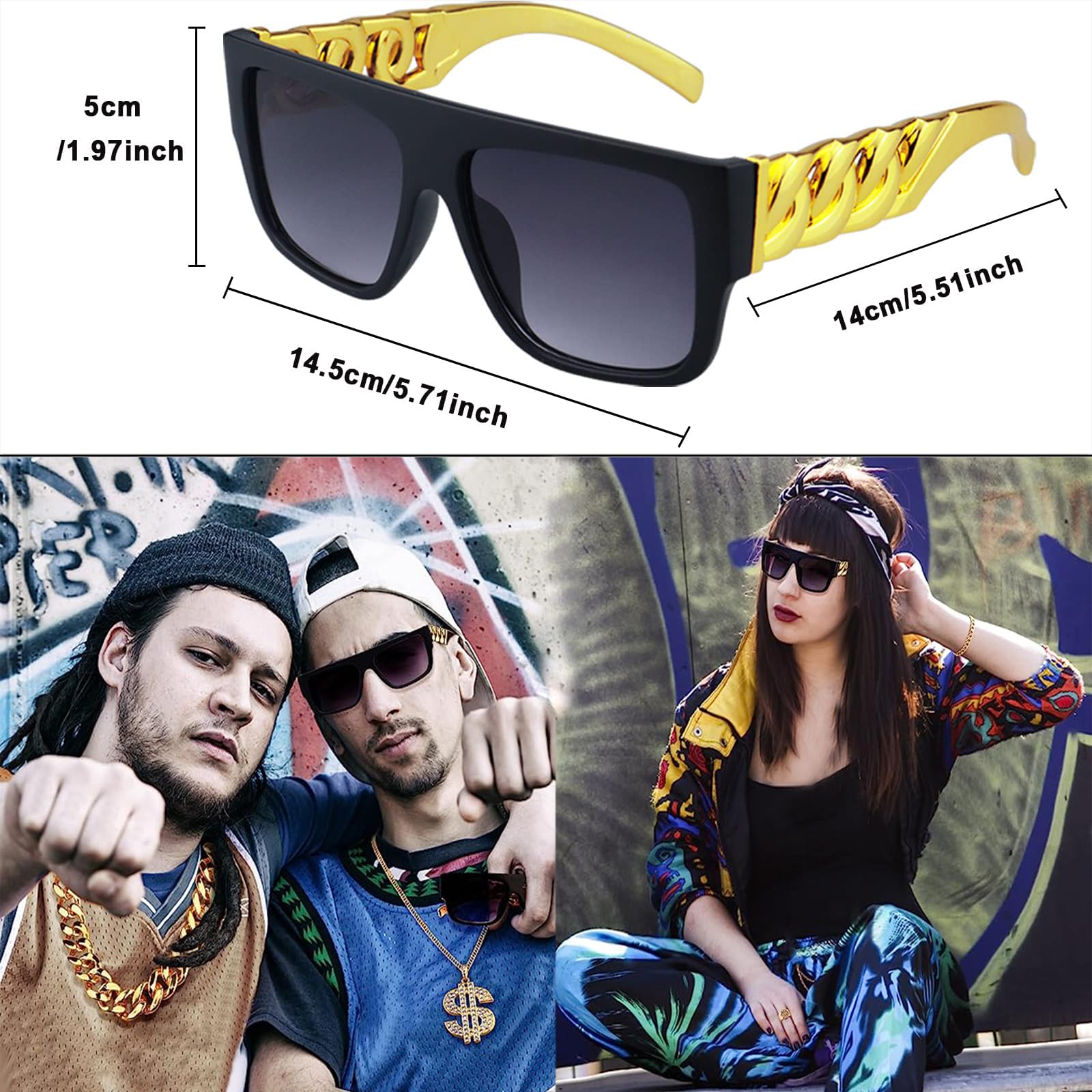 FACATH 90s Hip Hop Costume Accessories for Women Men 80s Hip Hop Outfit Old School Rapper Sunglasses Faux Gold Rope Chain Bracelet Dollar Sign Chain Ring Kanji Ring Halloween Party Decorations - Image 2