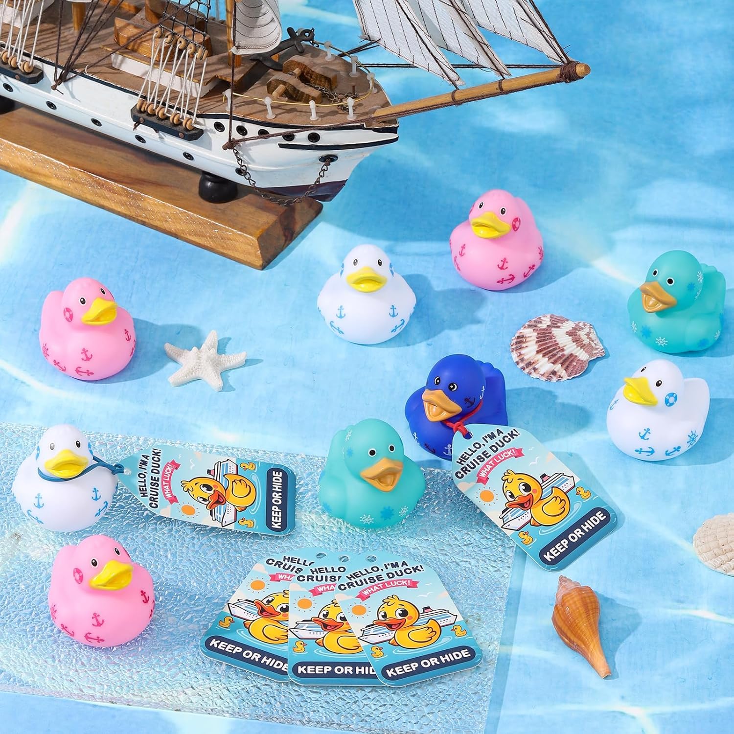 ANGGIKO 60 Pack Cruise Rubber Duck Kits Includes 20 Pcs Ducks, Tags and Rubber Bands, Cruise Ships Hiding Ducks, Summer for Kids Party Favors, Holiday Carnival Rewards, Bath Beach Pool Toys