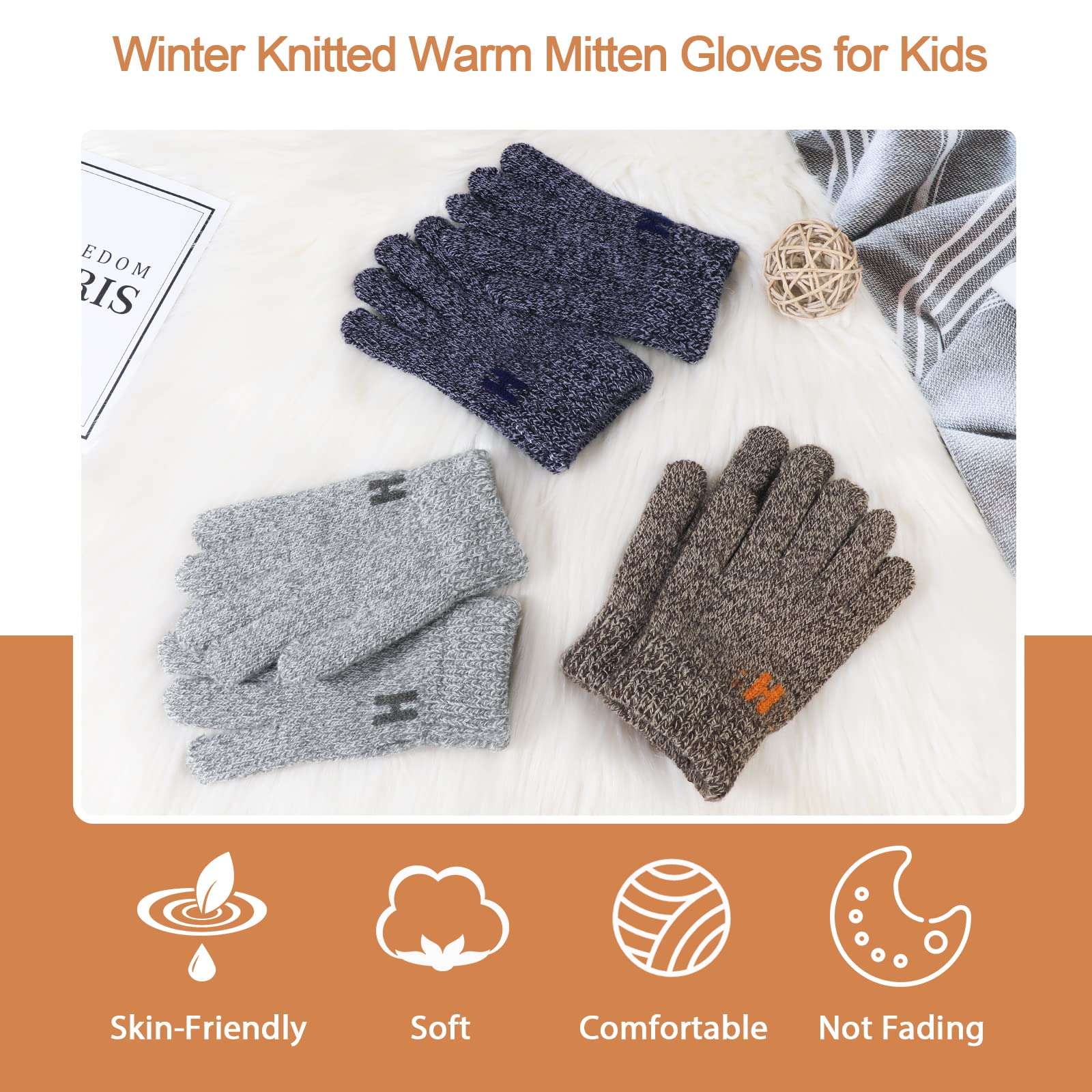 TAGVO Guantes de Invierno para Niños 3 Pares - Guantes de Punto Calientes Elásticos