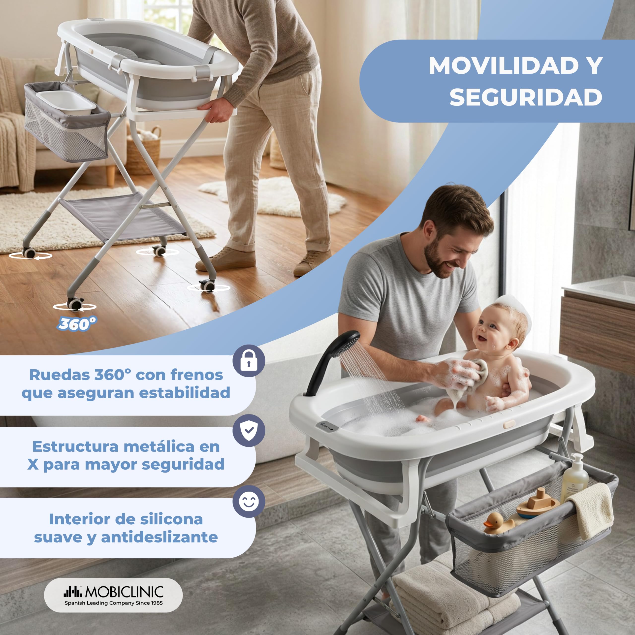 Mobiclinic®, Bañera Plegable Bebé, con Patas y Soporte, Regulable en Altura, Ruedas 360º con Freno, Cojín Ergonómico, Tubo Desagüe, Cesta y Bandeja, Compacta, Bubba Max