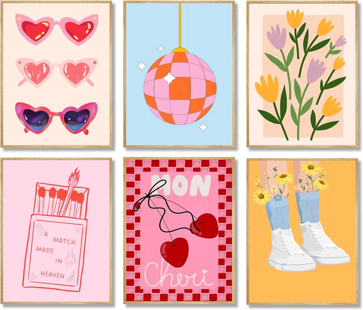 6Pcs Pink Preppy Poster Wall Art Room Aesthetic Painting Picture Wall Decor Matchboxes Disco balls Sunflowers Canvas Print Artwork for Girls Dorm Bedroom living room Home Decoration Unframed