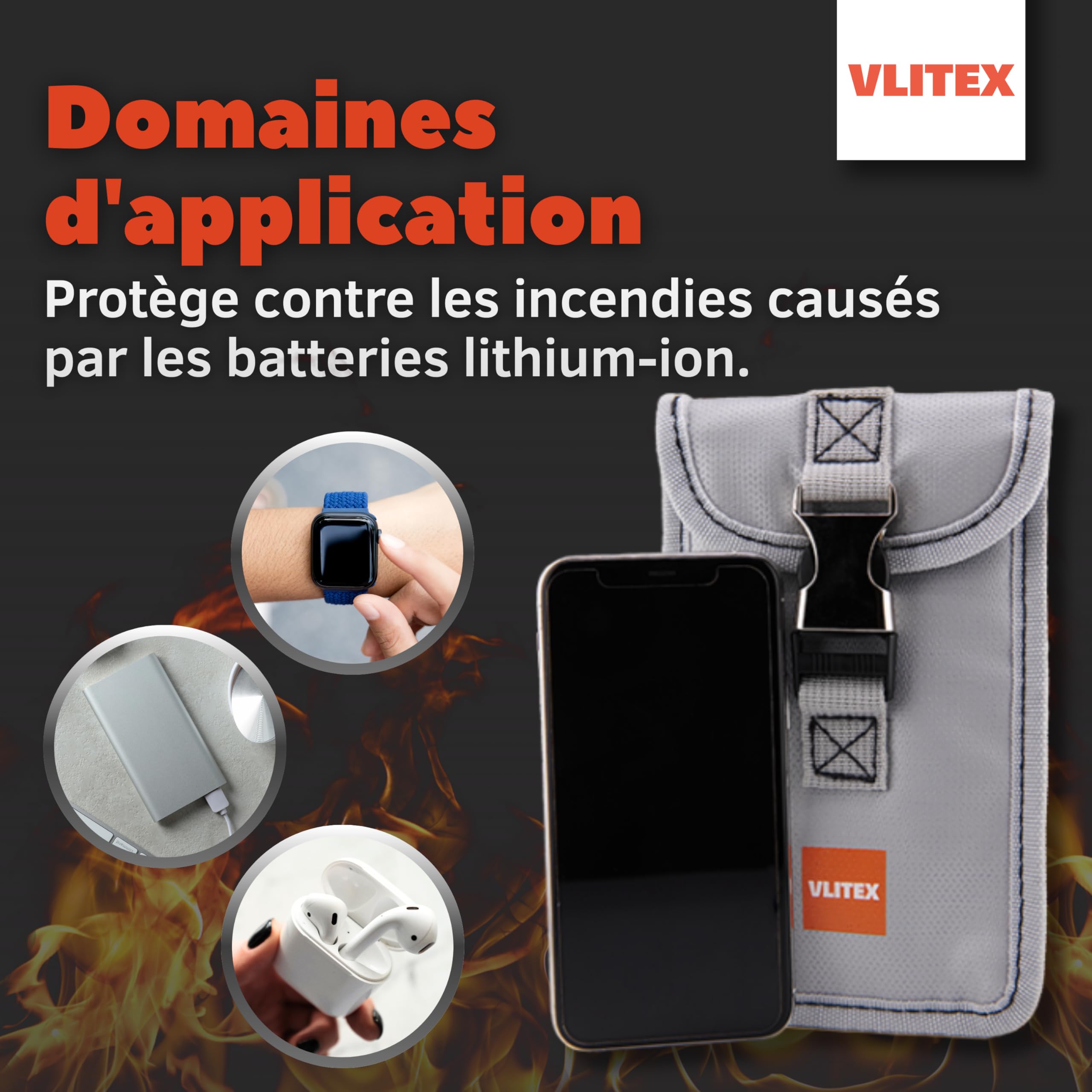 VLITEX Sac anti-feu compact | 3 couches ignifuges | Étui de sécurité pour appareils électroniques | Protection incendie pour smartphone, téléphone portable, batterie externe, écouteurs Bluetooth, etc.