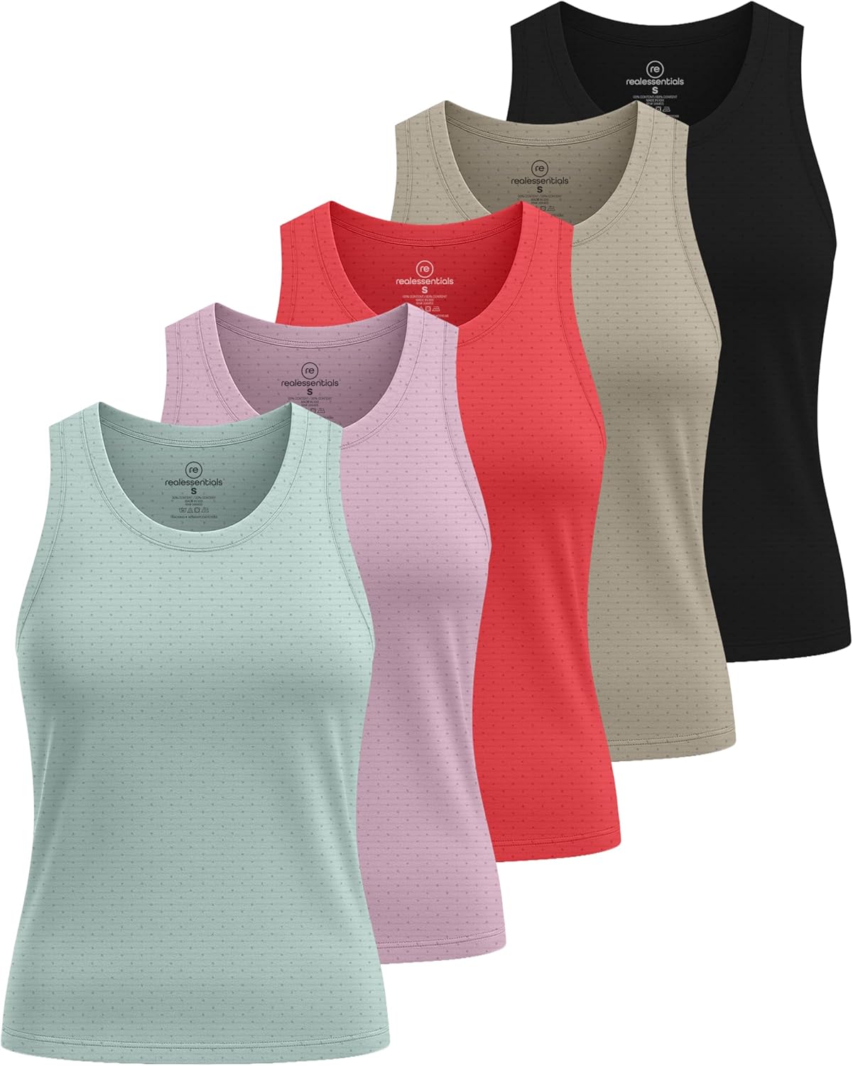 Real Essentials 5 Pack: Women’s Breeze Tech Racerback Tank Top – Sleeveless Workout Athletic Running Shirt (Plus Available)
