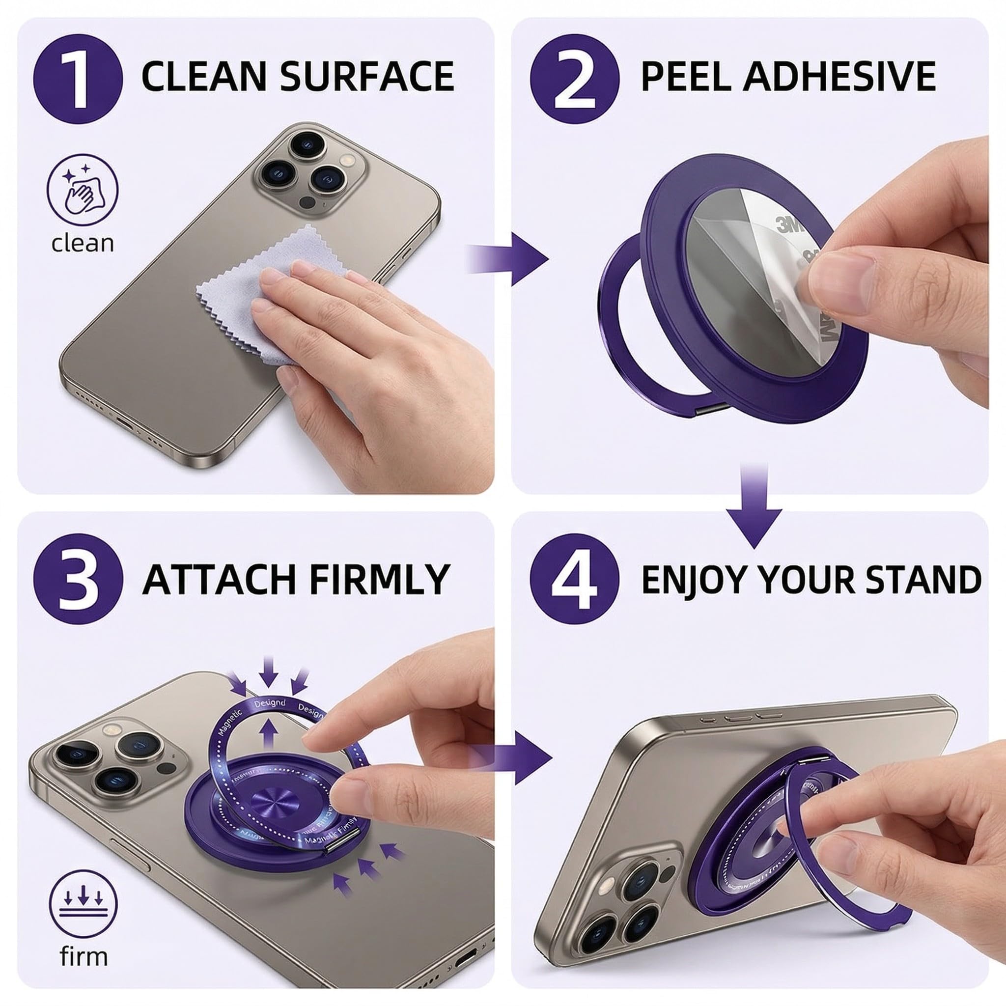 IEBTAWN LYITZW 1 Anello Cellulare Universale,Supporto Telefono Rotazione 360°,Impugnatura Sicura per Mani Libere,Angolo Regolabile per Visione Desktop,Videochiamate e Apprendimento Online, Viola