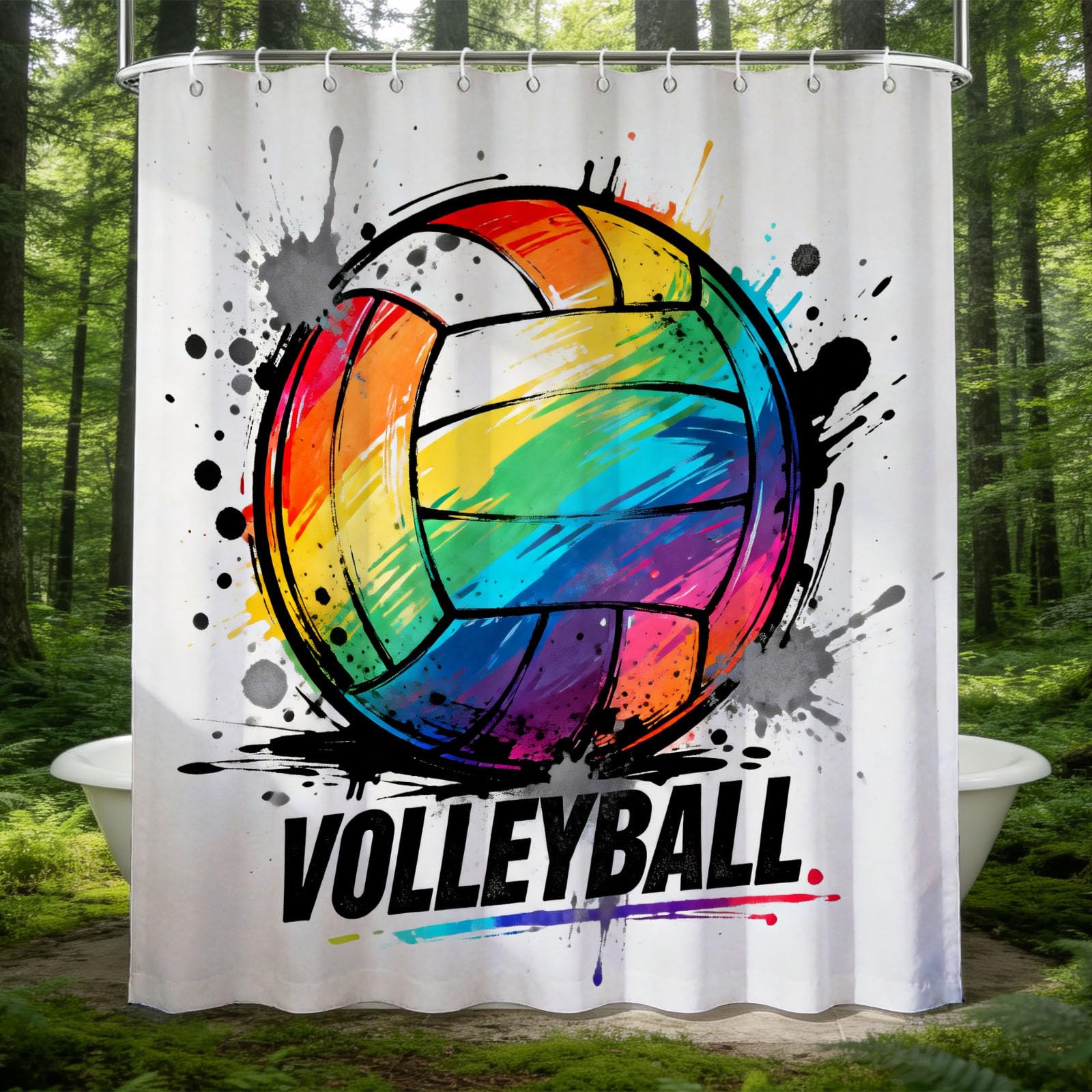 Hongduo White 3D Colorful Volleyball Shower Curtain For Stalls Bathtubs Sport Bathroom Decor Shower Curtain Set Polyester Fabric Waterproof 200X200cm/79X79 Inch With Hooks