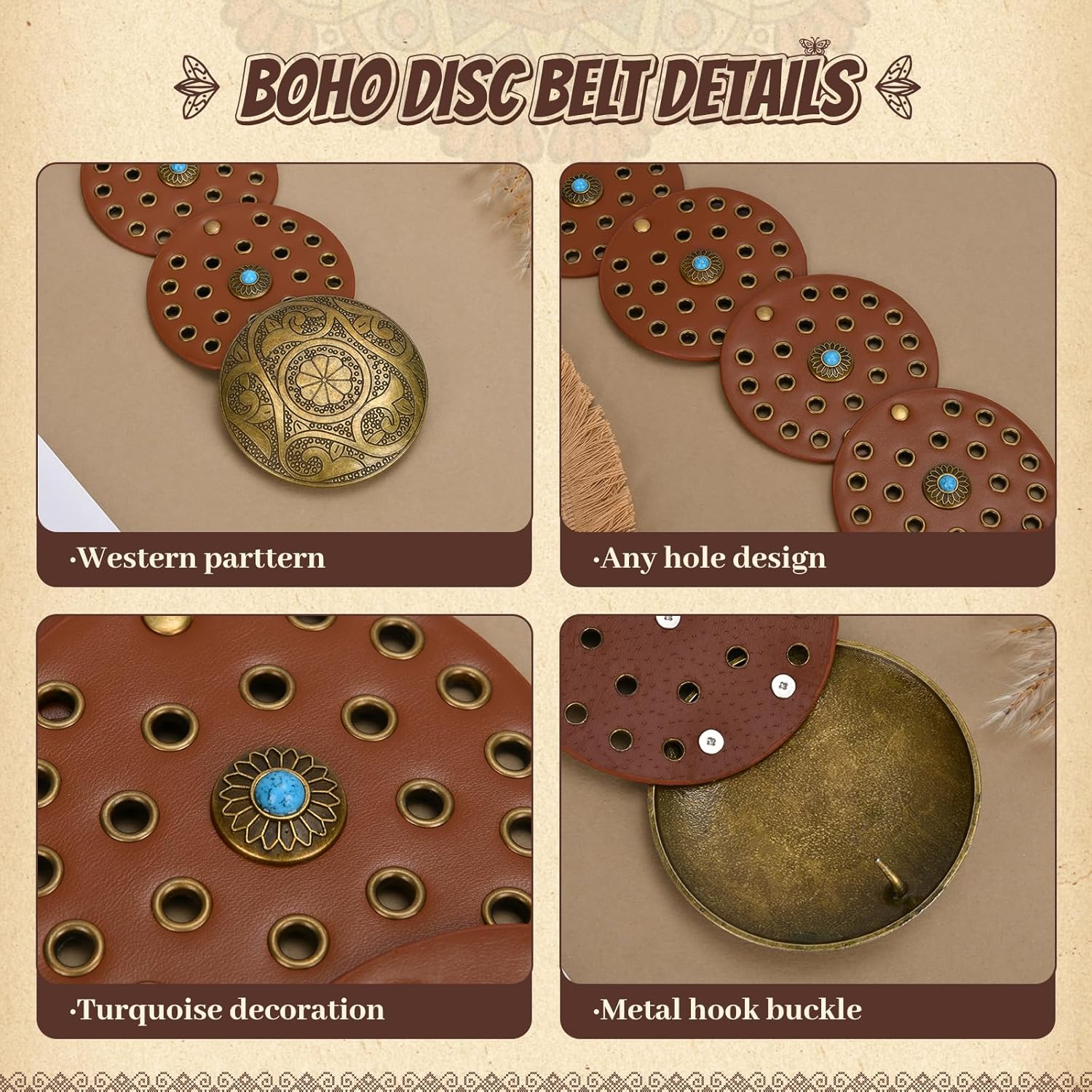 Western Leather Belts for Woman Boho Cowgirl Wide Disc Belt for Women Concho Cowboy Waist Belts for Dress - Image 6