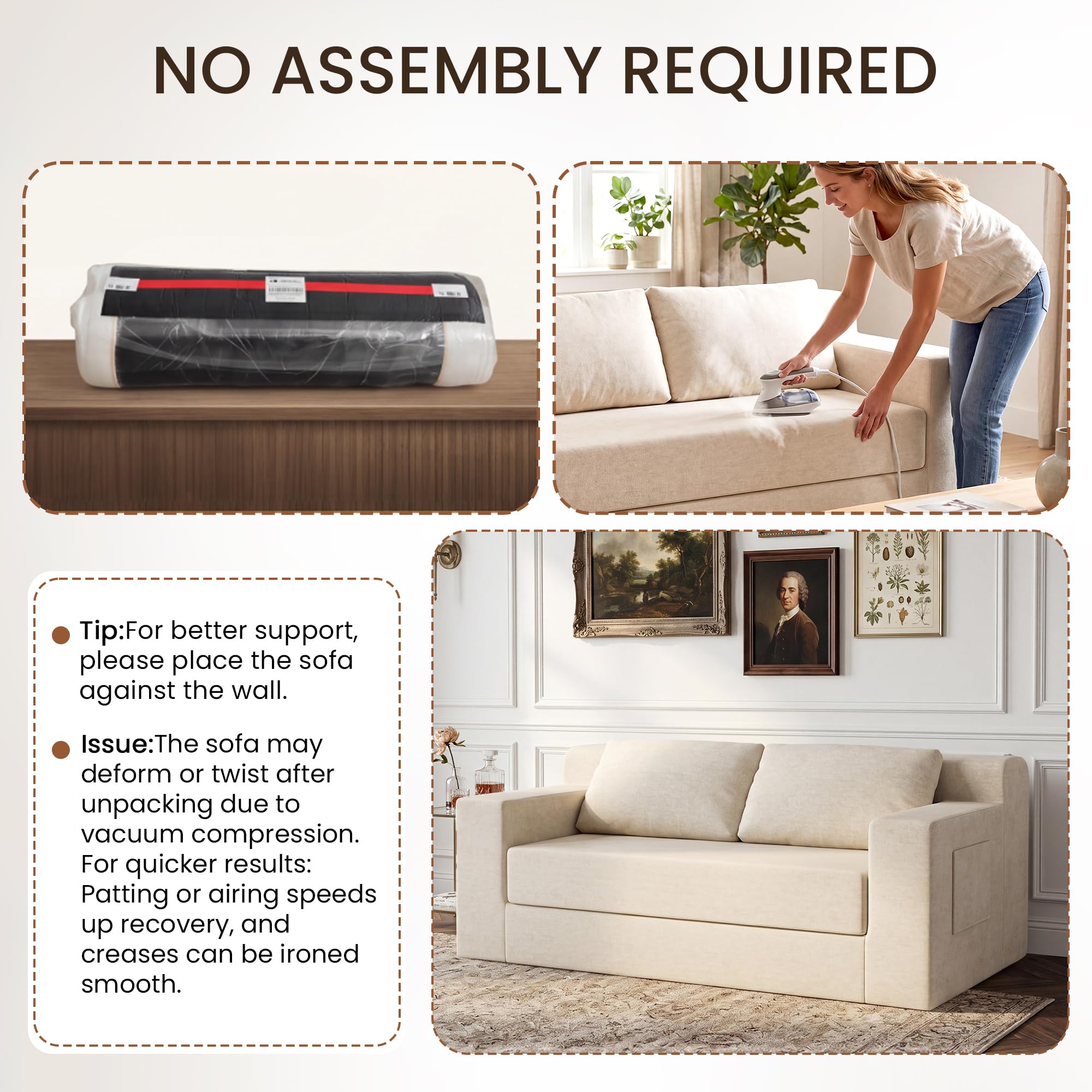 GRUSIGN 71" Boneless Loveseat Couch,Chenille Pullout Futon Couch,4 in 1 Folding 3 Seater Sofa Bed for Living Room,Boneless Cloud Couch with Storage Pocket & 2 Pillows,Beige