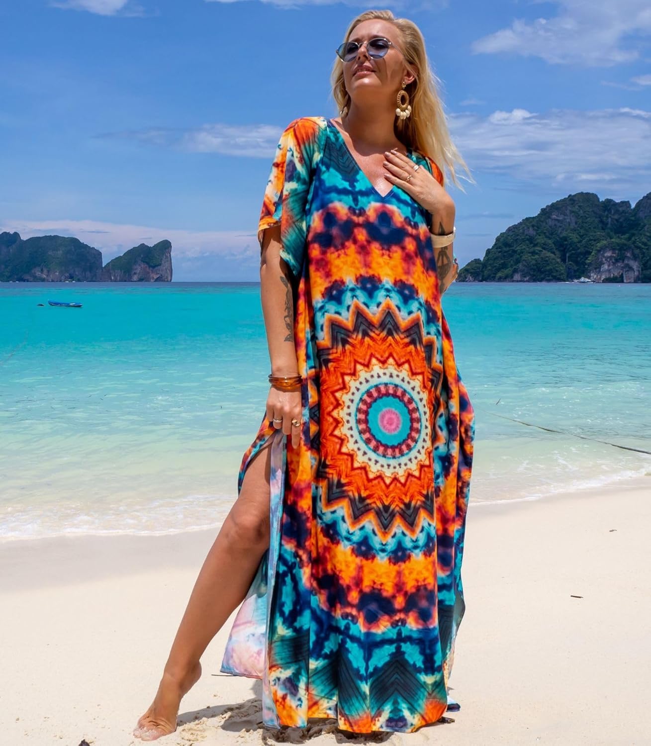 Women's Plus Size Moroccan Print V-Neck Batwing Kaftan Loose Fit Beach Dress Bathing Suit Cover Up - Image 2