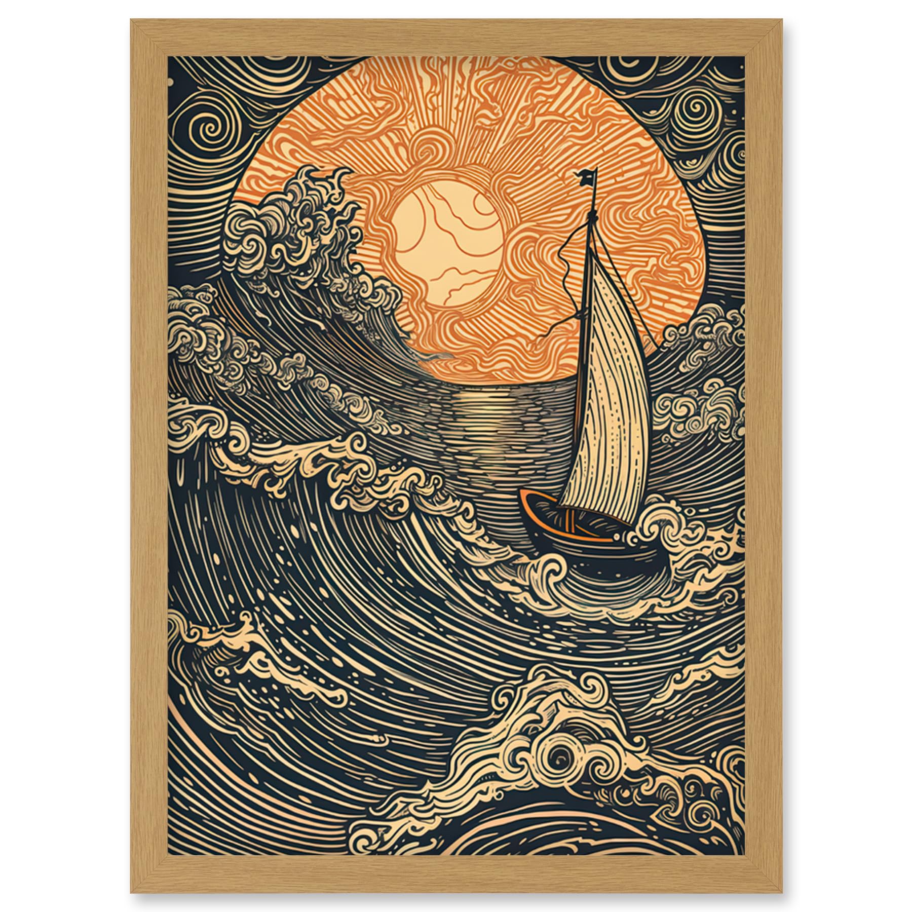 Artery8 Boat Sailing into the Sunset Linocut Illustration Artwork Framed Wall Art Print A4