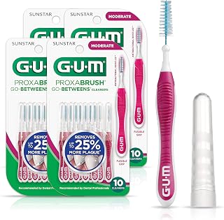 GUM Proxabrush Go-Betweens - Moderate, Interdental Brushes Between Teeth, Dental Picks for Plaque Removal, Safe for Braces & Dental Devices, 10ct (4Pk)
