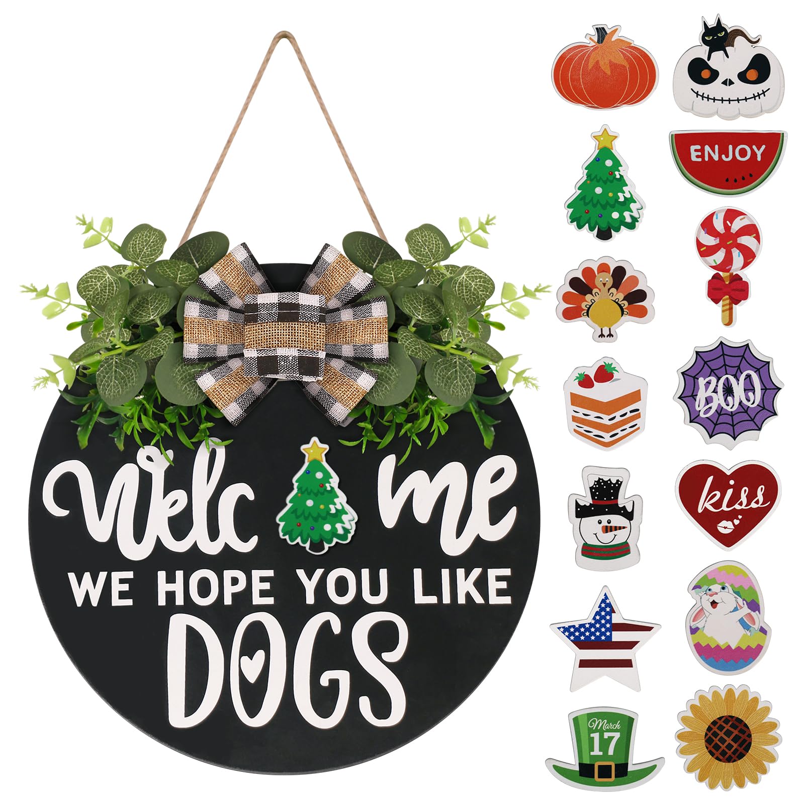 Interchangeable Wooden Seasonal Welcome Sign, Rustic Round Dogs Sign Front Door Wreaths for Home/Wall/Porch Decor, for Easter Spring Summer Fall Halloween Christmas All Season Decorations