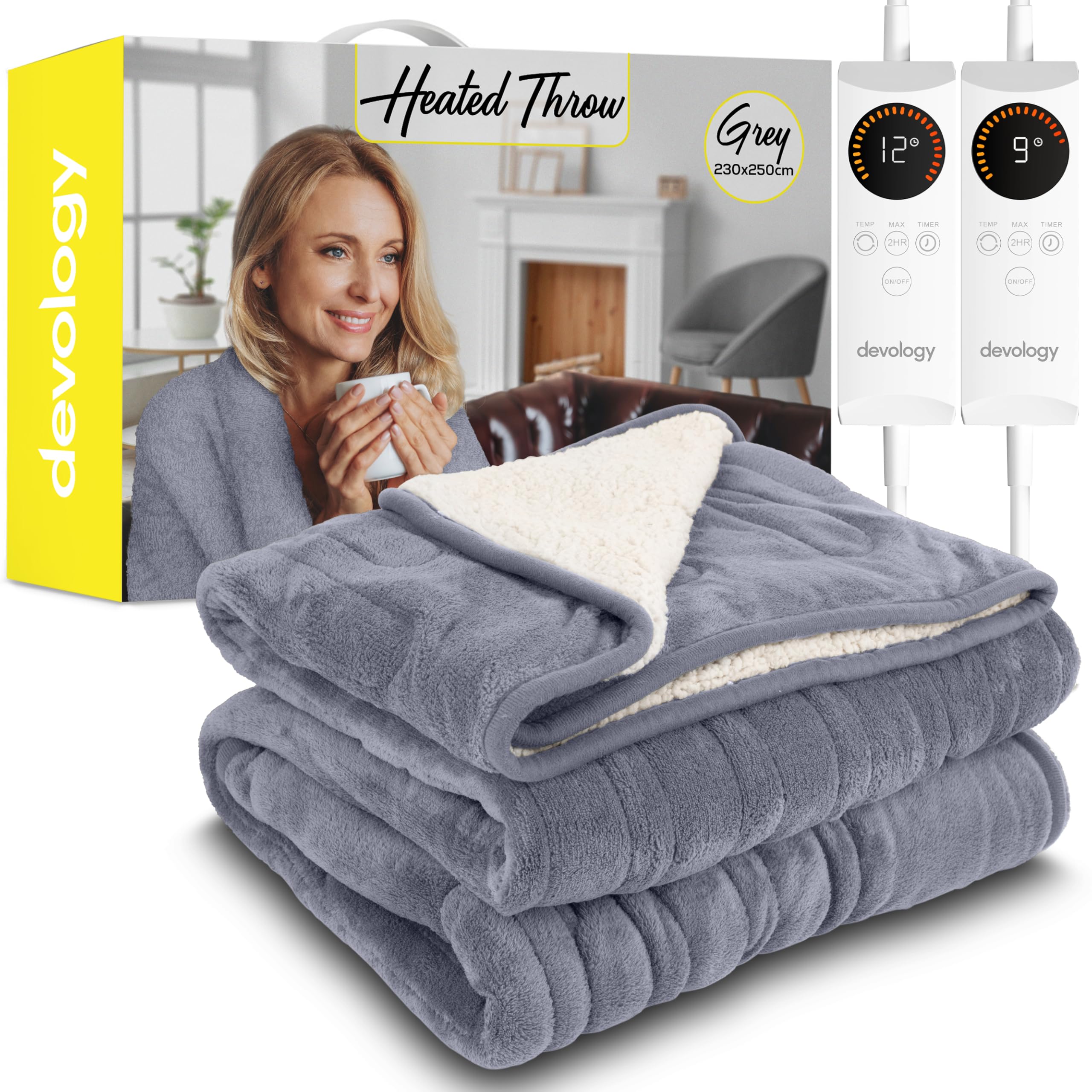 Devology Heated Throw - Dual Control Electric Blanket - Digital Controller - Timer up to 12 hours, 6 Heat Settings, Auto Shutoff - Machine Washable - King Size 230x250cm - Grey Shearling