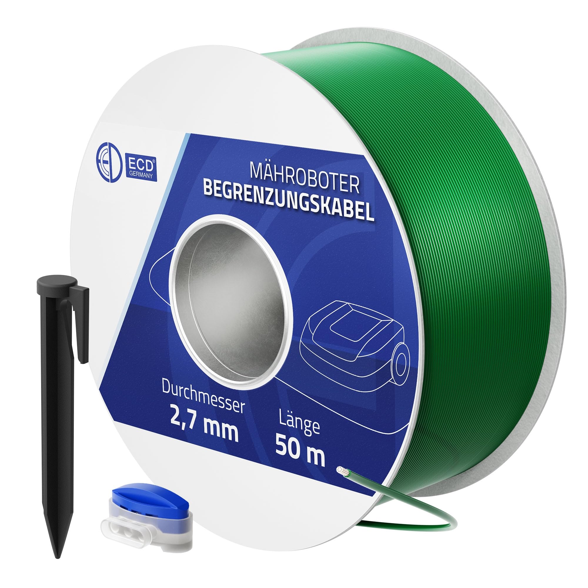 ECD Germany Begrenzungskabel für Mähroboter 50 m – Universalkabel, verzinnt, inkl. Erdhaken und Kabelverbinder