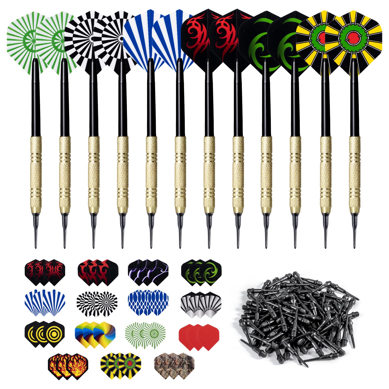 Carehabi Freccette Professionali Punta Plastica, Set di 12 Freccette Morbide per Bersaglio elettronico con 15 Style, 45 Punte Morbide di Freccette e 100 Alette