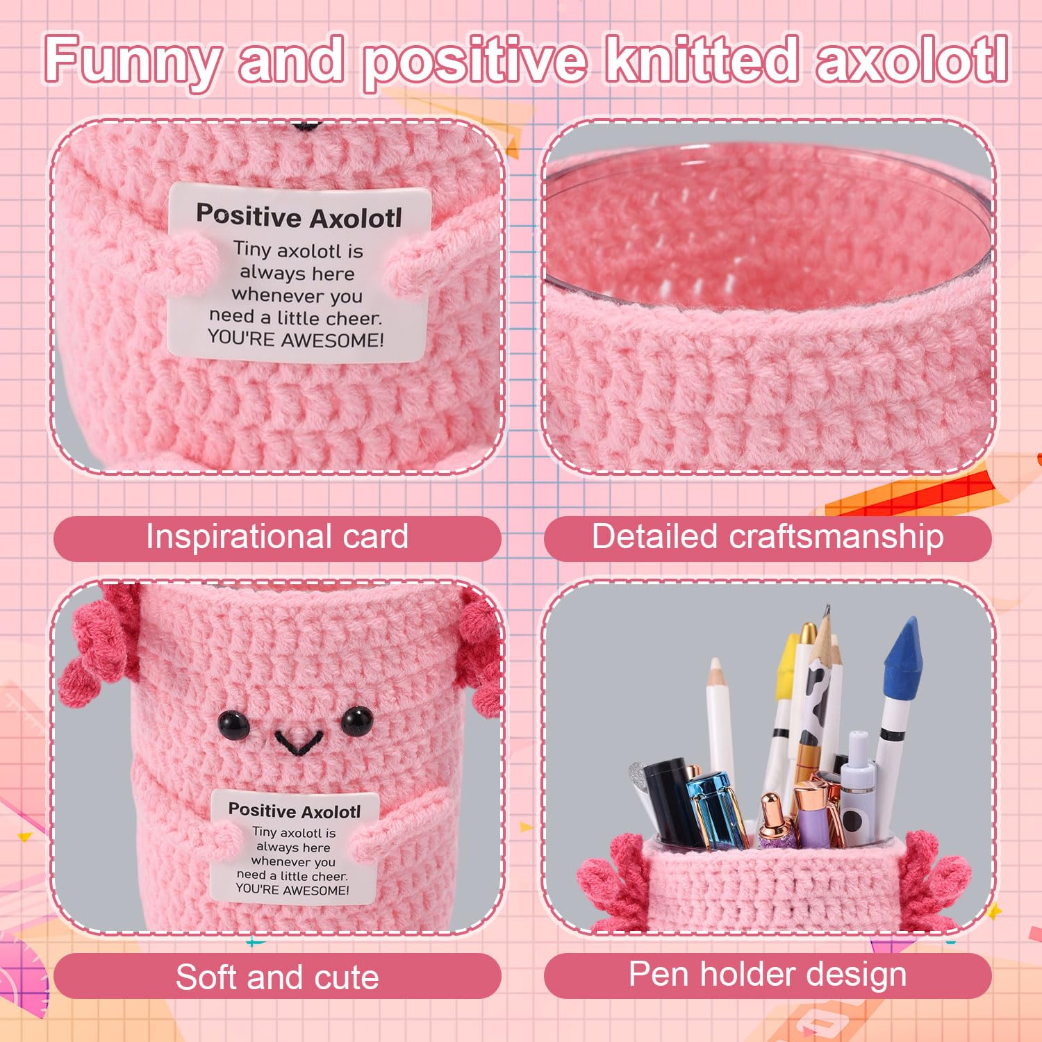 Lyreh Crochet Axolotl Pen Holder, Positive Animal Holder with Encouragement Card Cute Pencil Case Pouch Accessories Back to School Supplies for Boosting Student Motivation & Organize Desk (Pink) - Image 3