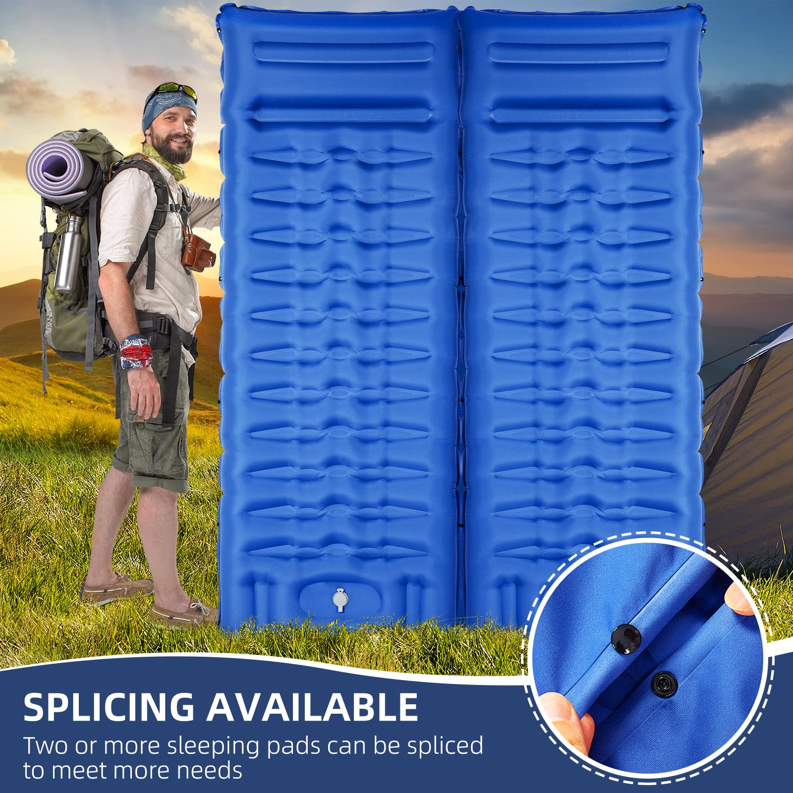 GLMNES Isomatte, ultraleichte, Dicke, aufblasbare Isomatte für Camping, integrierte Pumpe, ideal für Camping, Wandern, Tragetasche, Reparaturset, kompakte und leichte Luftmatratze (blau)