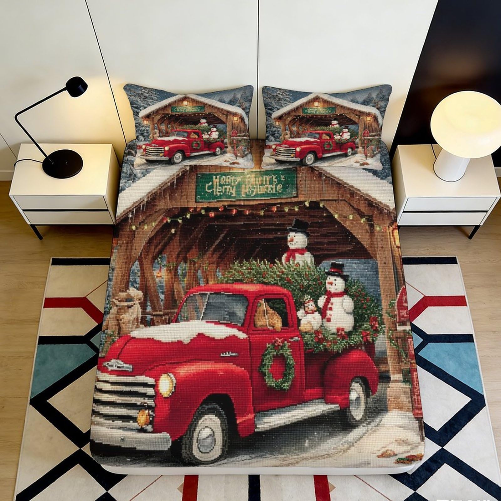 Pnayamiorkfel Style-6 3D Printed Christmas Red Truck Fitted Sheet Microfiber Snowman Barn Scene Bed Cover For Bedroom Guest Room Decor 90X200x25cm