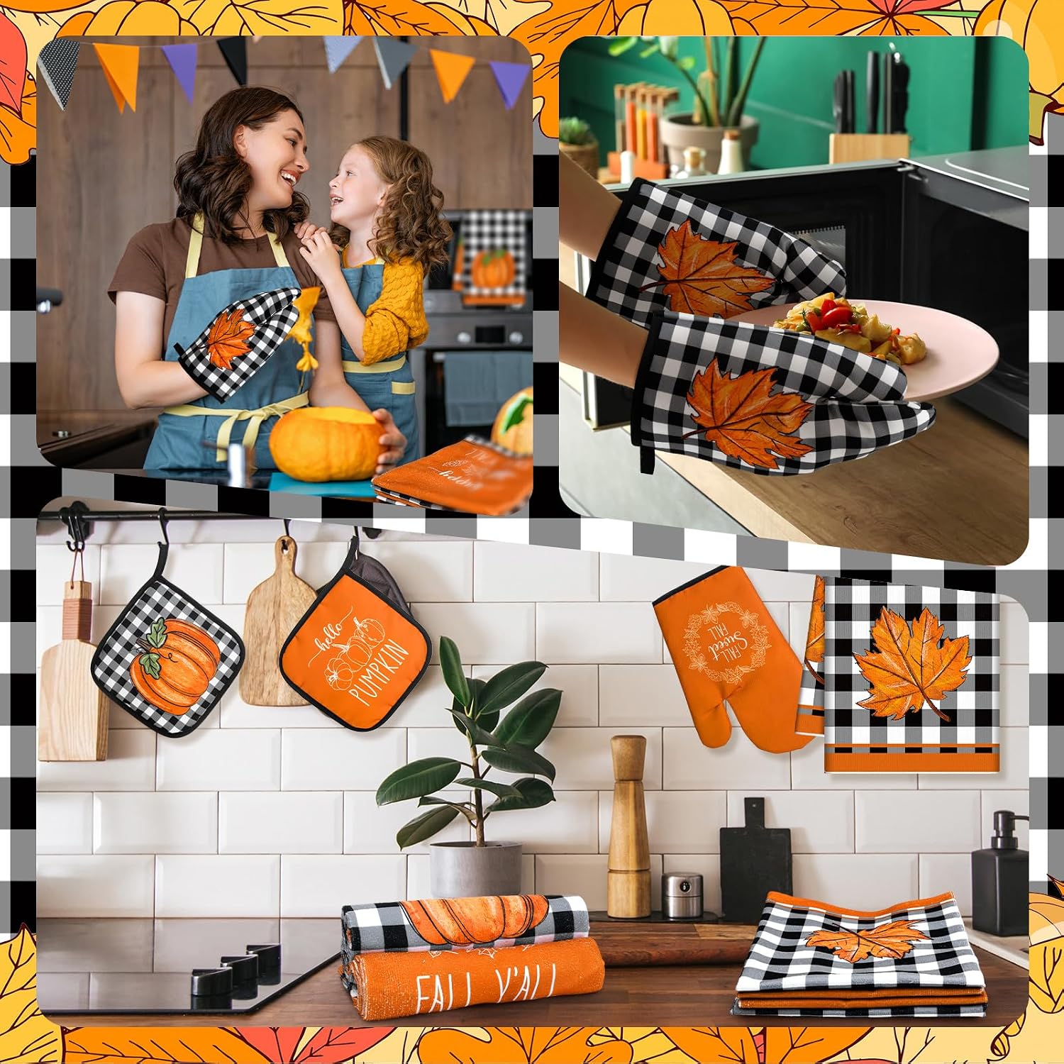 Pickmesh 12 Pcs Fall Kitchen Towels Fall Oven Mitts and Pot Holders Sets
