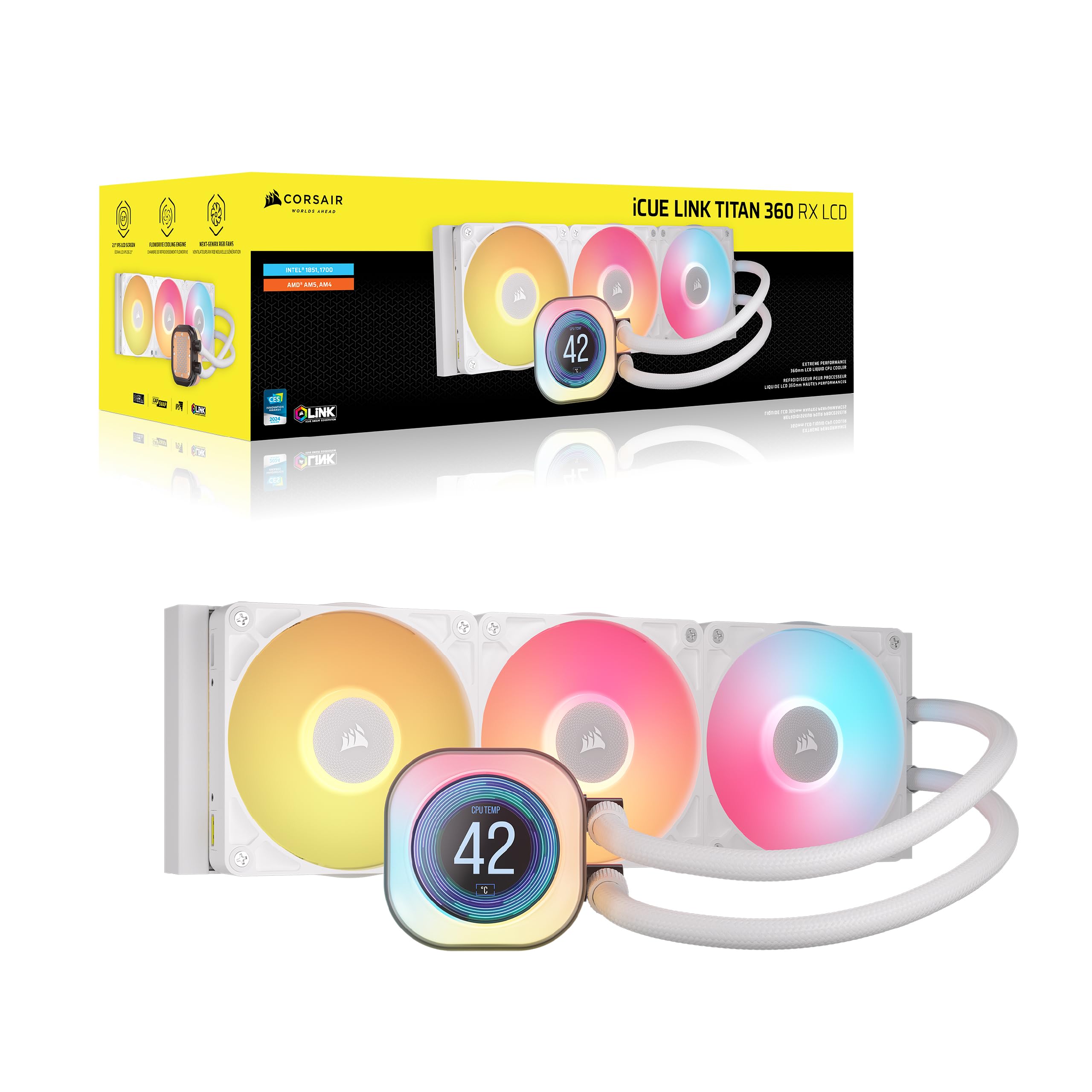 CORSAIR iCUE LINK TITAN 360 RX LCD Układ Chłodzenia Procesora Cieczą – 360mm AIO – Intel LGA 1851/1700, AMD AM5/AM4 – 3x RX120 RGB Wentylatory – Koncentrator Systemowy iCUE LINK w Komplecie – Biały