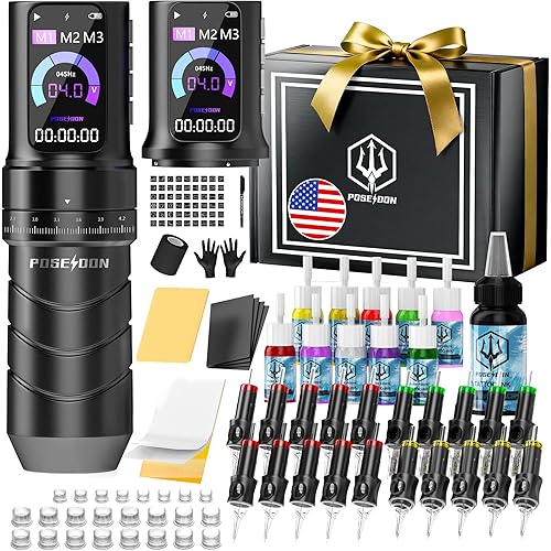 Poseidon Tattoo Gun Kit 7 Strokes Length Tattoo Machine Kit with 2pcs 2300mAh Battery 20pcs Tattoo Cartridge Needles 11pcs Inks Complete Tattoo Pen Kit Supply for Beginner and Artist
