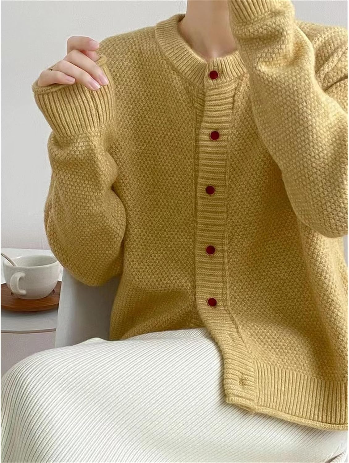 Women Long Sleeve Button Down Cardigan Top Trendy Solid Color Comfy Blouse Crew Neck Classic Sweater Knit Cardigan