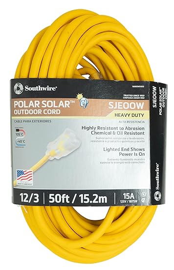 Coleman Cable 01688 12/3 Insulated Outdoor Extension Cord with Lighted End, 50-Foot