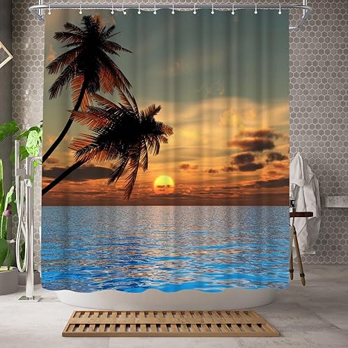 Miniatura 2 de WELMECO Cortina de ducha tropical de verano con paisaje costero, 72 x 72 pulgadas, tela de poliéster, decoración de baño