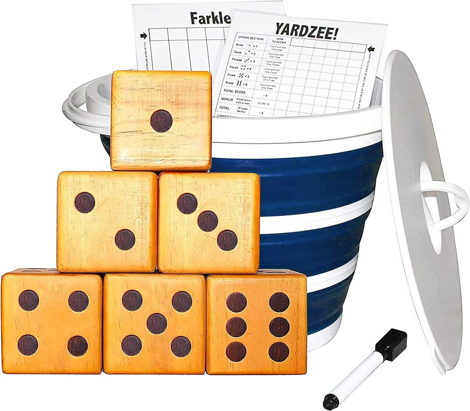 Jungle Gym Kingdom Yardzee & Yard Farkle Giant Wooden 6 Dice Set for Outdoor Fun Lawn Games Picnic Barbeque Party Tailgaiting & Special Events with Collapsible Bucket & Lid Scorecards & Markers - Blue