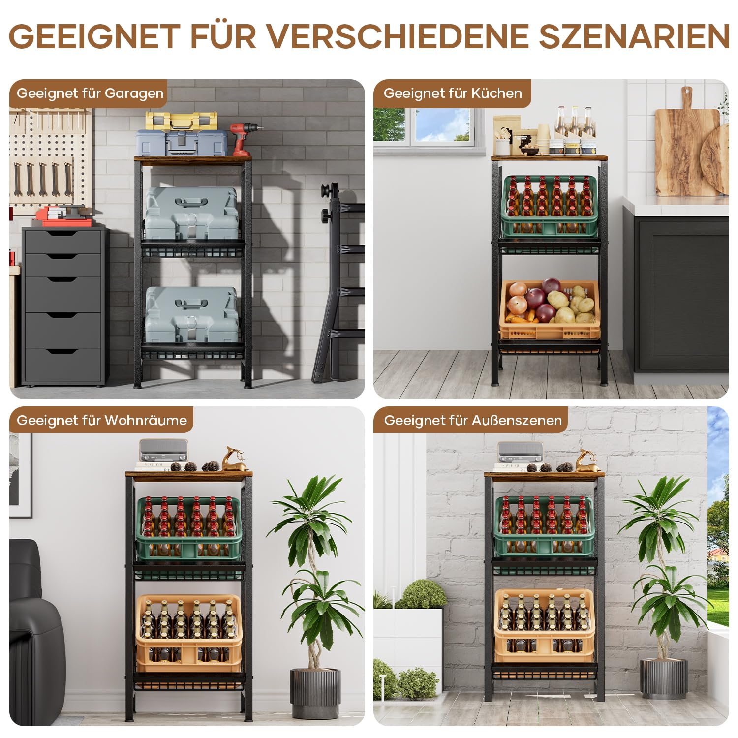 HFHOME Getränkekistenregal für 2 Kisten mit verstellbarem Ablage, Stabiler Metall Ständer Getränkekisten, Freistehend Kistenständer mit oberem Holzregal, Wasserkistenregal für Küche Keller Garage