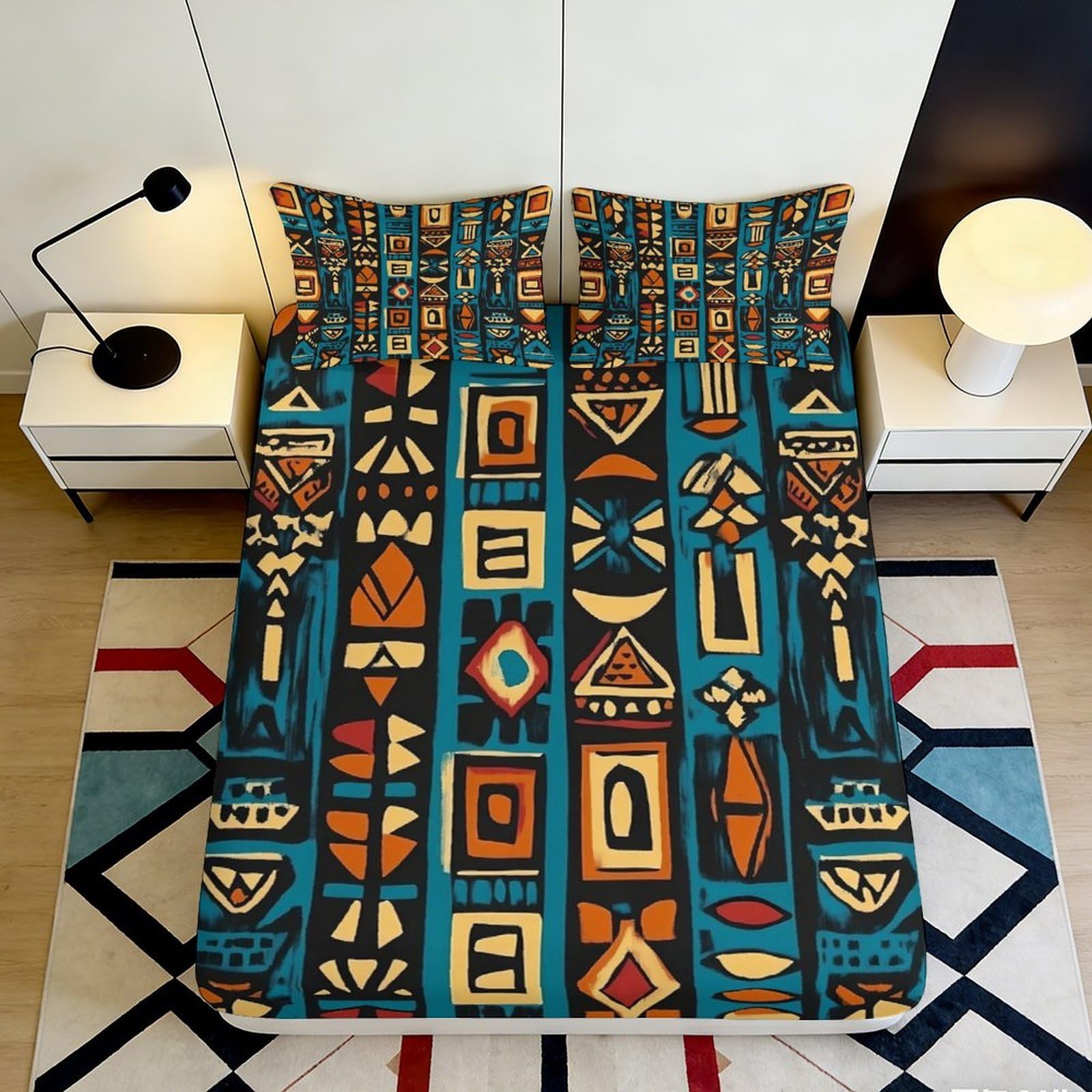3D Printed Ethnic Pattern Fitted Sheet Microfiber Soft Durable Geometric Bed Cover for Bedroom Dormitory Guest Room Mattress Protection 140x200x25cm