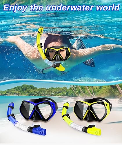 Miniatura 7 de Equipo de esnórquel para adultos, juego de esnórquel seco con lente de vidrio templado, falda de silicona suave para buceo, esnórquel, natación