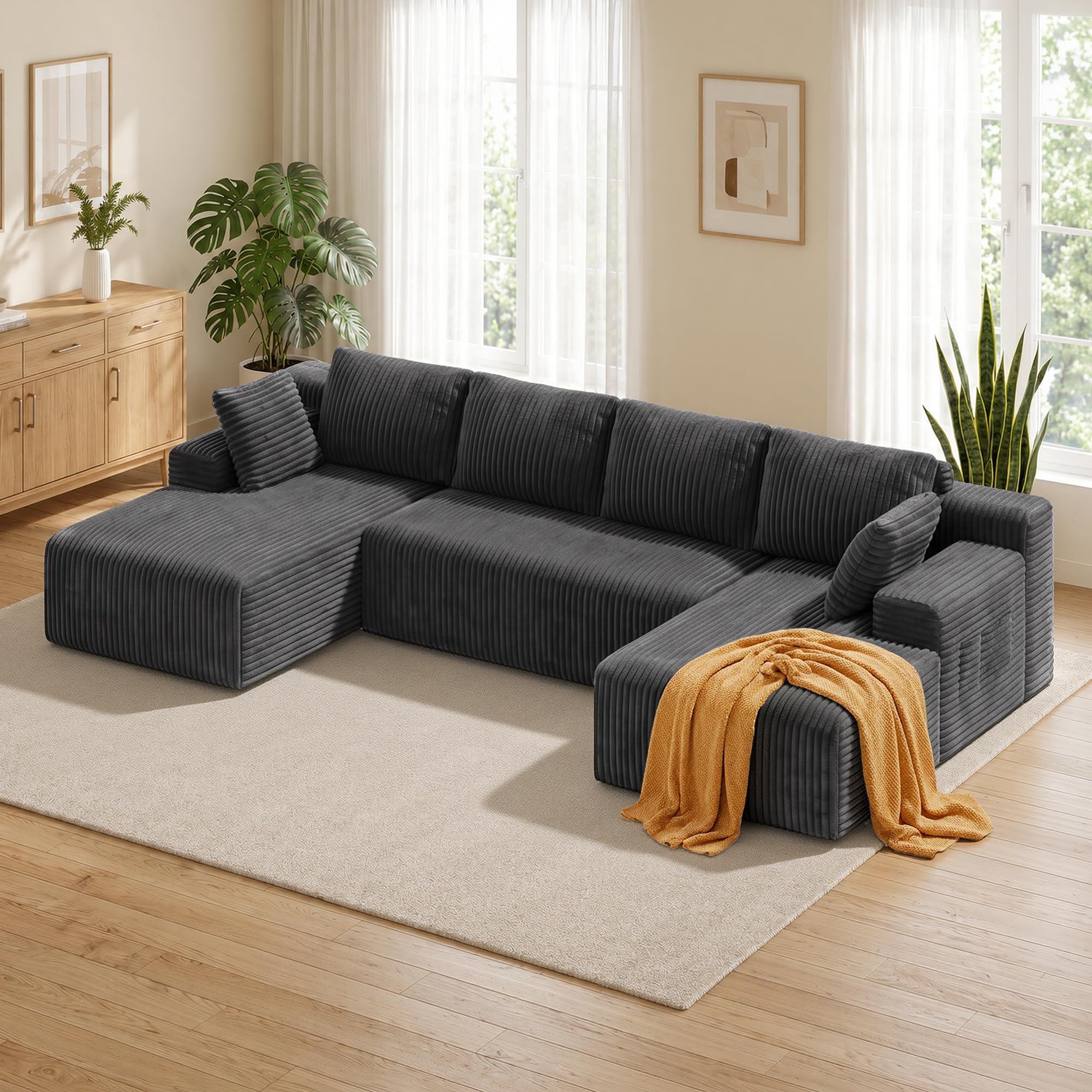 Xbro 320cm Sofa Modular de 4 Plazas, Tela de Pana, Gris Oscuro
