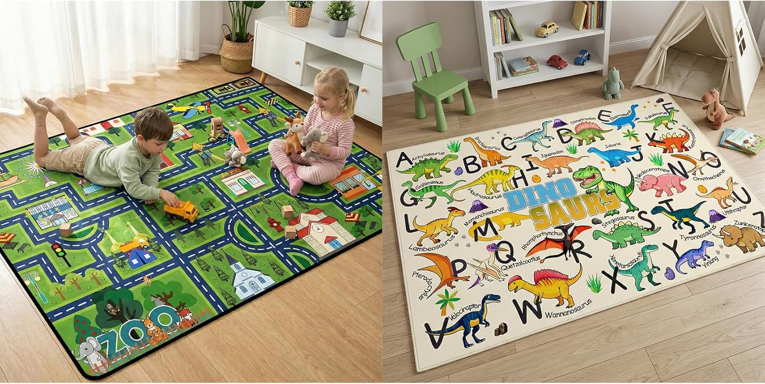 2.5x4 Feet City Life Road Traffic Carpet+3x5 Feet Dinosaur Area Rug with ABC Alphabet