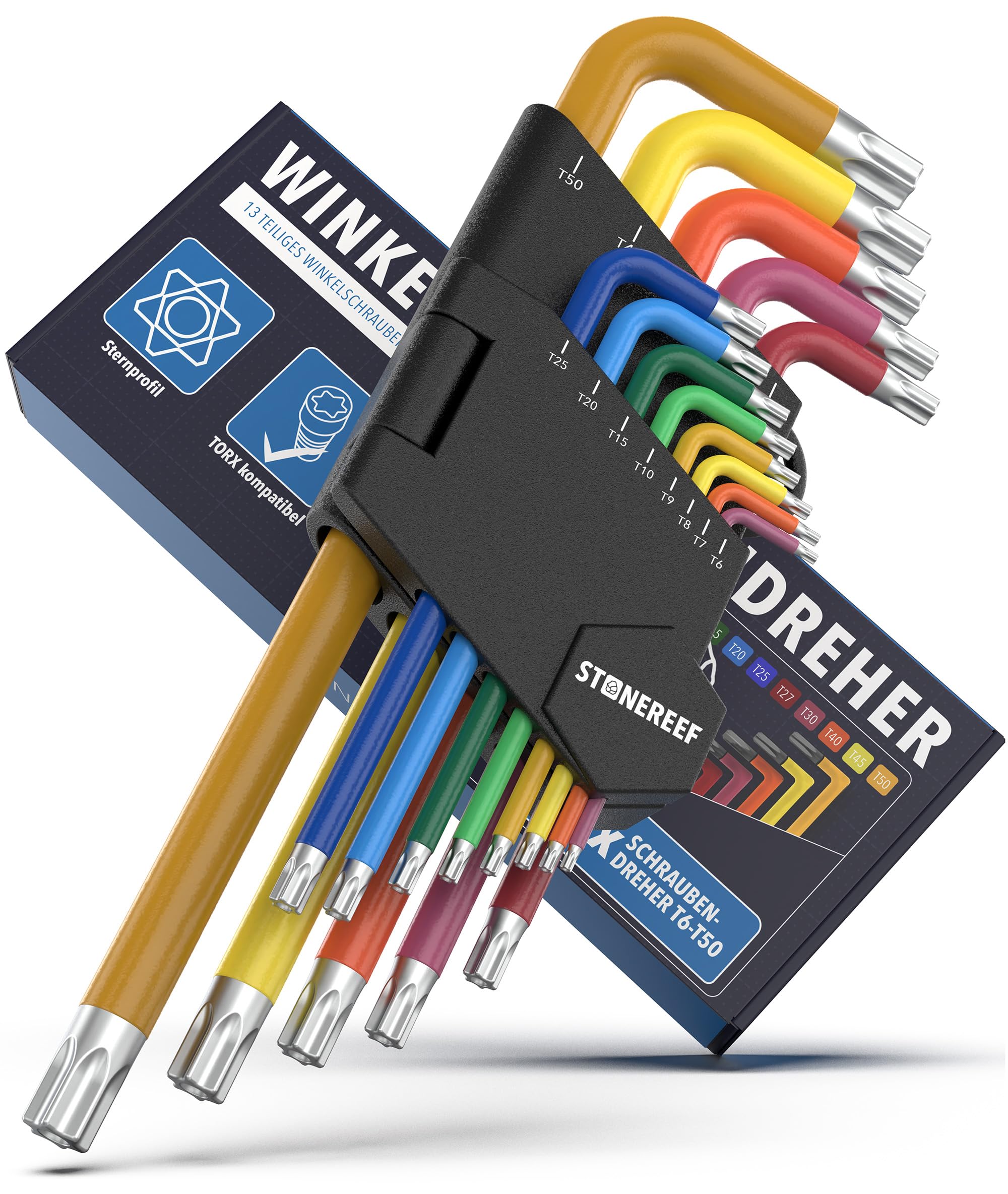 Winkelschraubendreher Set 13tlg. [T6-T50mm] Sechsrundschlüssel kompatibel mit Torx-Schrauben Multicolour, Handwerker Innensechsrundschlüssel, Drehmomentschlüssel, Winkelschraubenausdreher