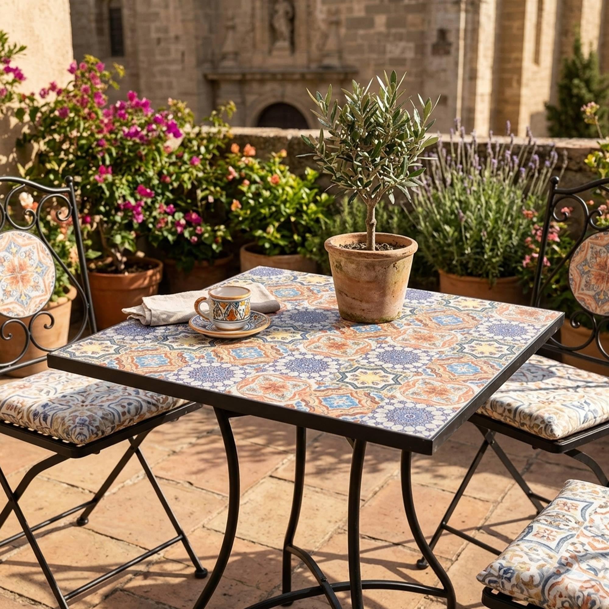 Mesa Auxiliar de Patio de Mosaico Redonda - Mesa de Café para Jardín y Terraza con Patas de Hierro Forjado Antióxido, Mesa Pequeña Decorativa para Exterior e Interior, 58x58x72, Modelo Vito