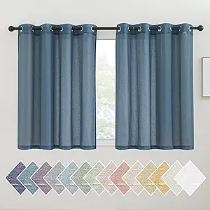 NICETOWN Linen Curtains Stone Blue for Kitchen, Grommet Short Semi Sheer Curtains & Drapes Privacy with Light Filtering Linen Blend for Cafe/Boys Room, 2 Panels, W52 x L45