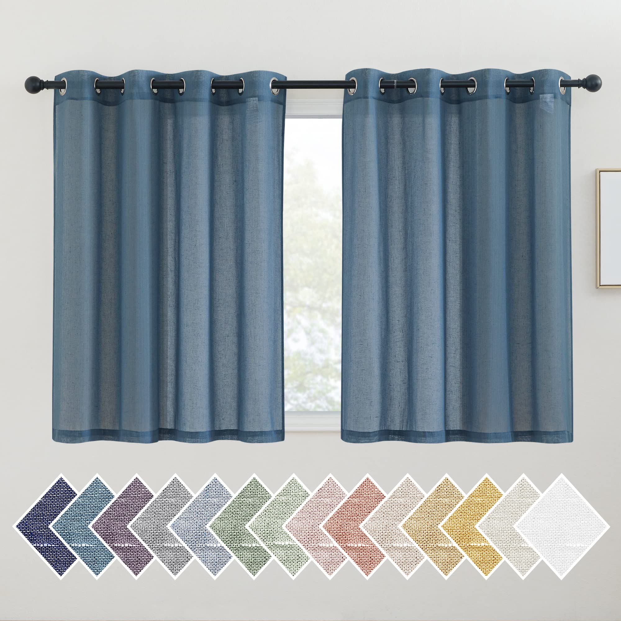 NICETOWN Linen Curtains Stone Blue for Kitchen, Grommet Short Semi Sheer Curtains & Drapes Privacy with Light Filtering Linen Blend for Cafe/Boys Room